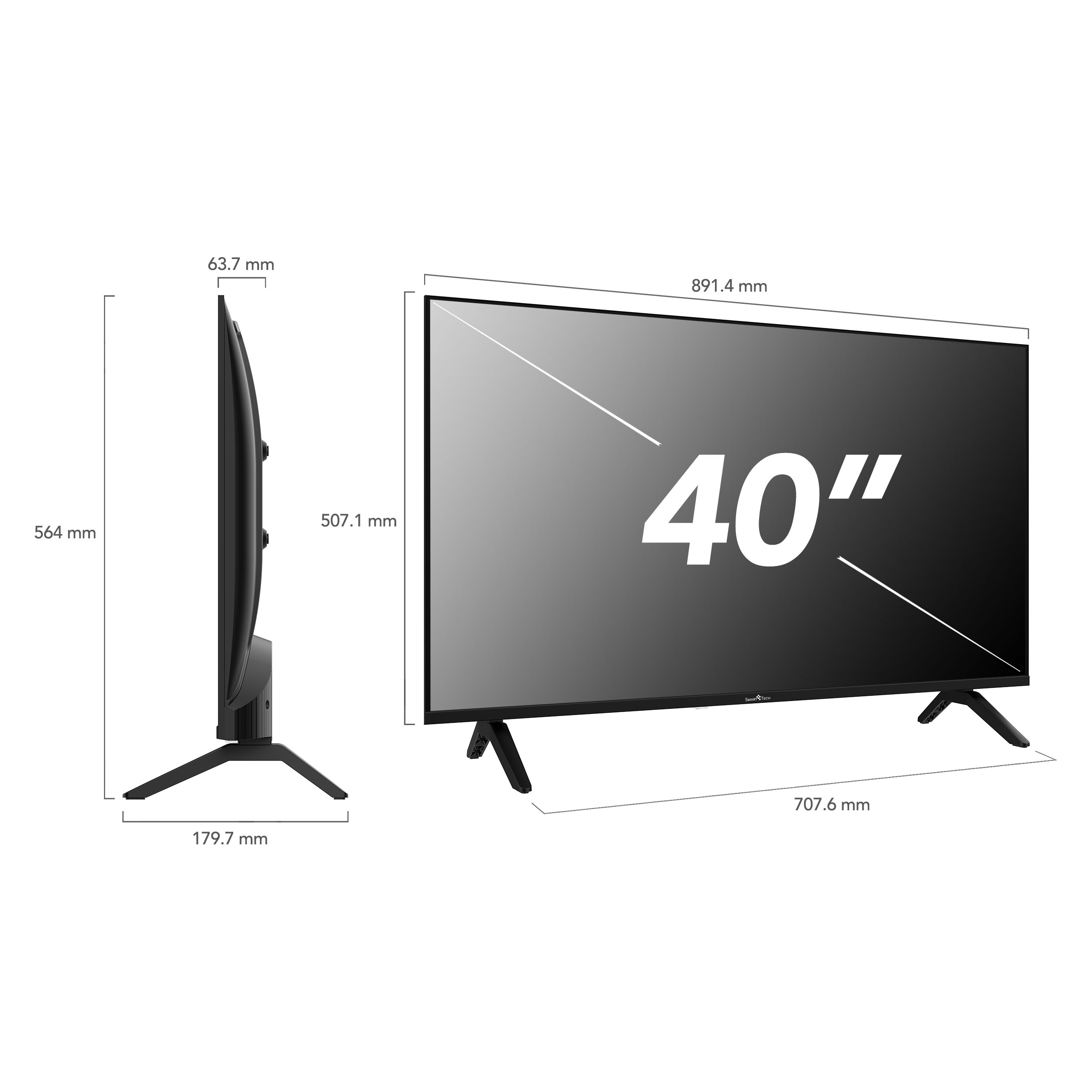 Un televisor Smart Tech de 40 pulgadas con dimensiones etiquetadas. La pantalla muestra '40"'. El televisor es negro.