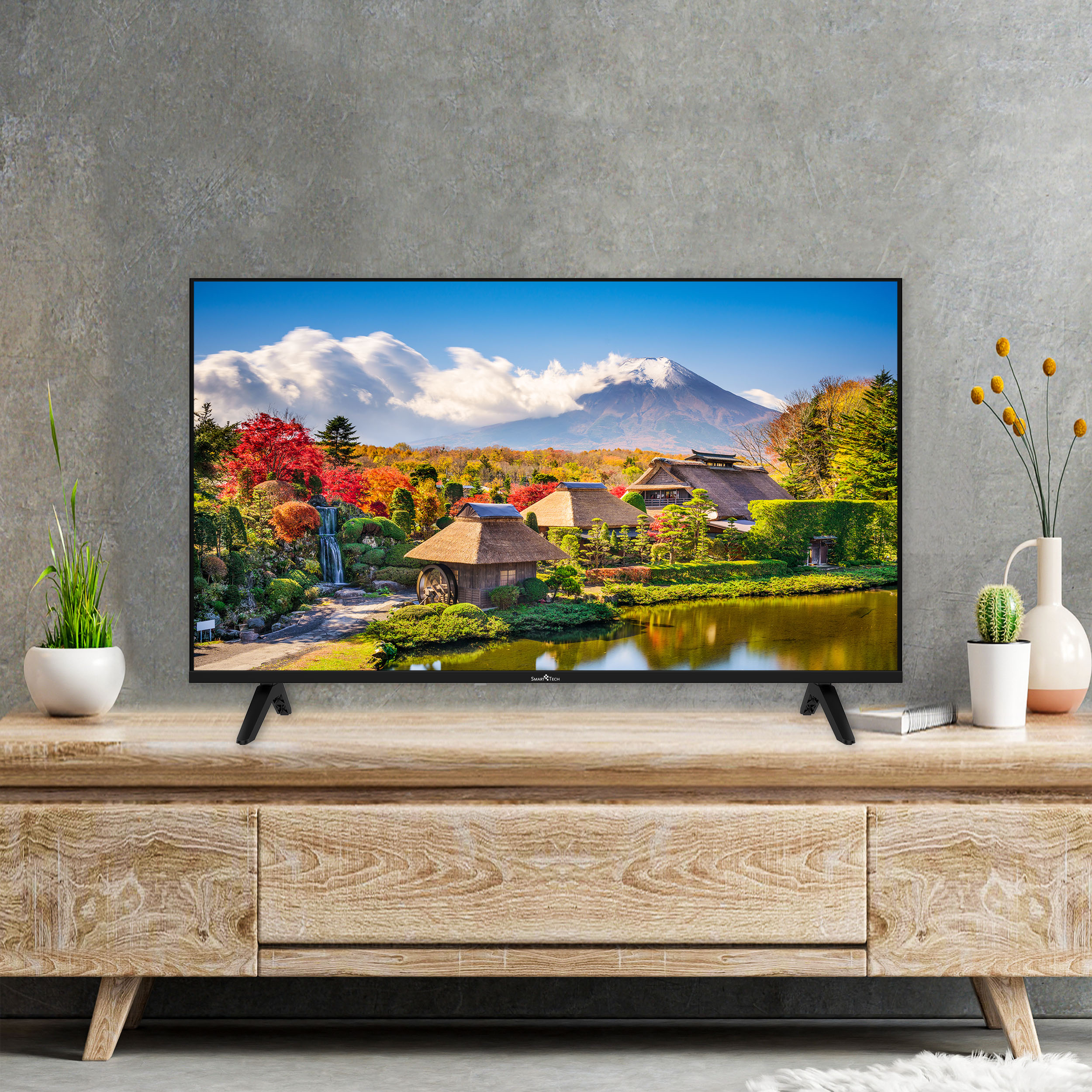 TV en mueble de madera, muestra un paisaje con montaña, árboles y agua.