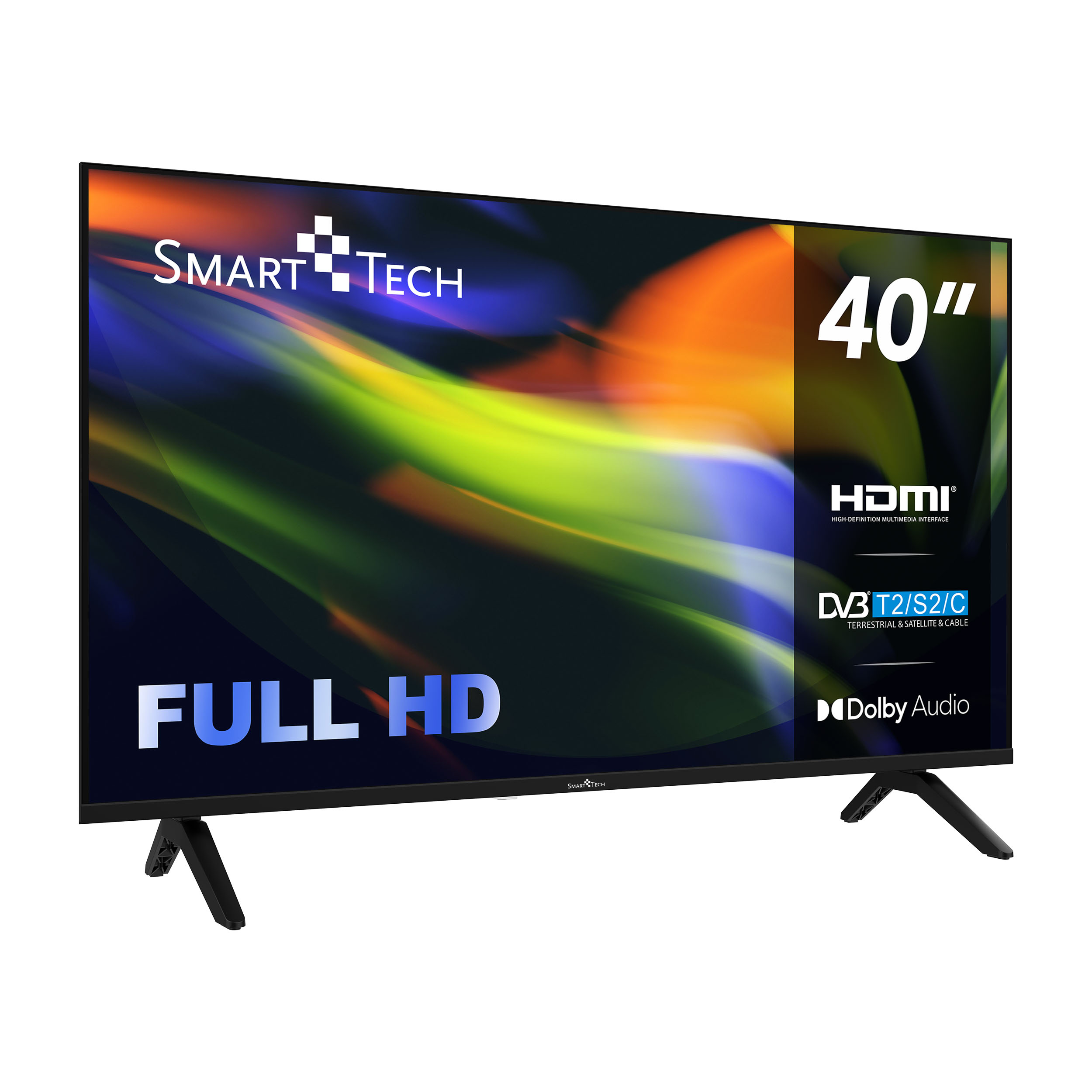 Un televisor Smart Tech de 40" Full HD. Incluye HDMI, DVB T2/S2/C y Dolby Audio. La pantalla tiene un fondo colorido.