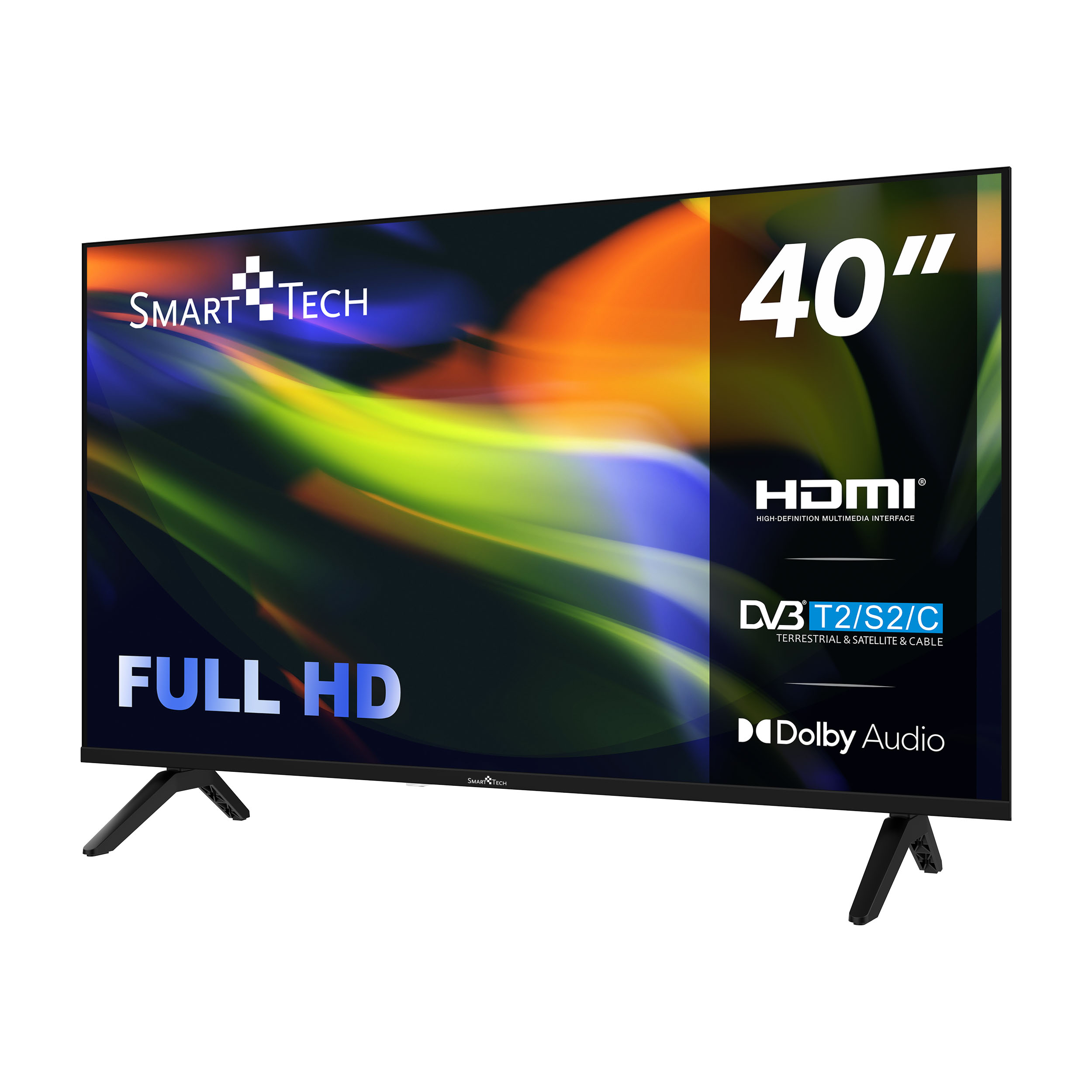 Un televisor Smart Tech Full HD de 40 pulgadas. Incluye HDMI, DVB T2/S2/C y Dolby Audio. Se ve un soporte negro.