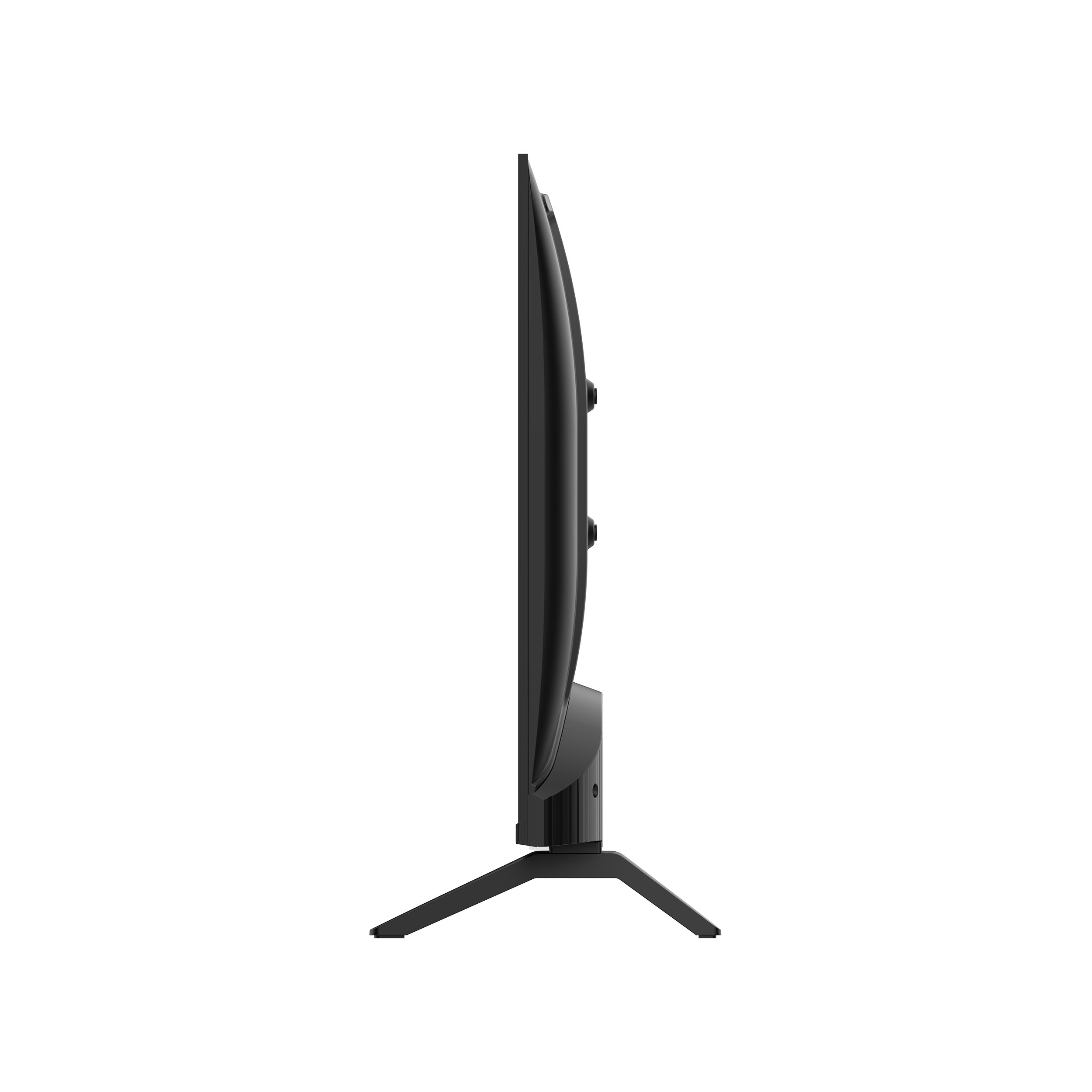 Vista lateral de un televisor negro. Se apoya sobre un soporte negro. El fondo es blanco.