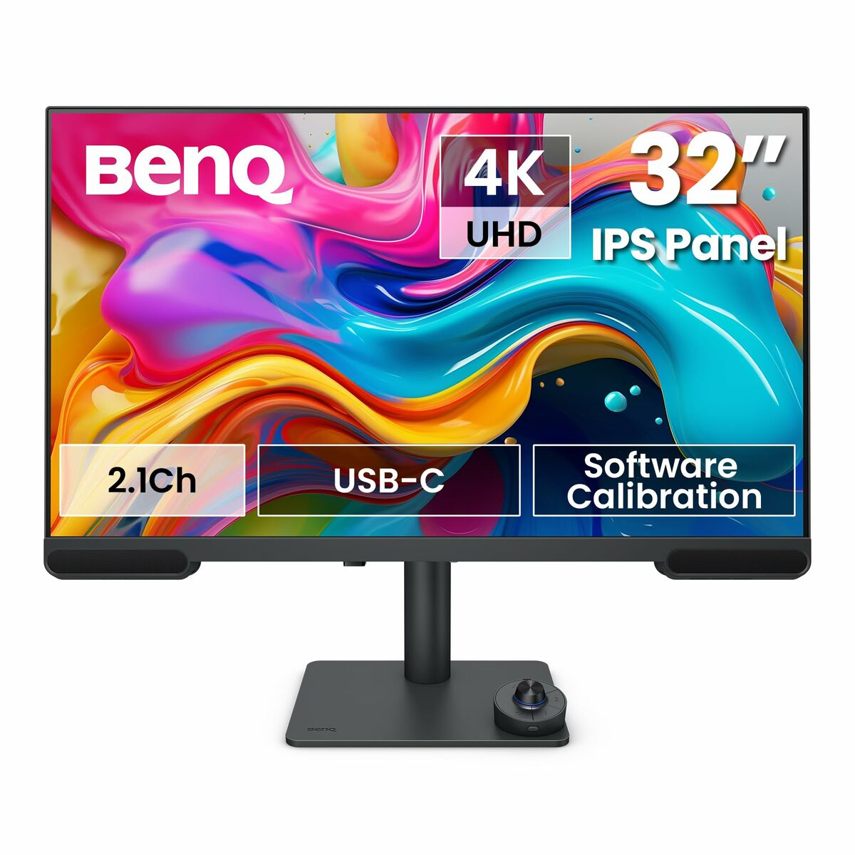Monitor BenQ 32" z 4K UHD, panelem IPS, 2.1Ch, USB-C i kalibracją oprogramowania. Ma czarną podstawę i pokrętło sterowania.