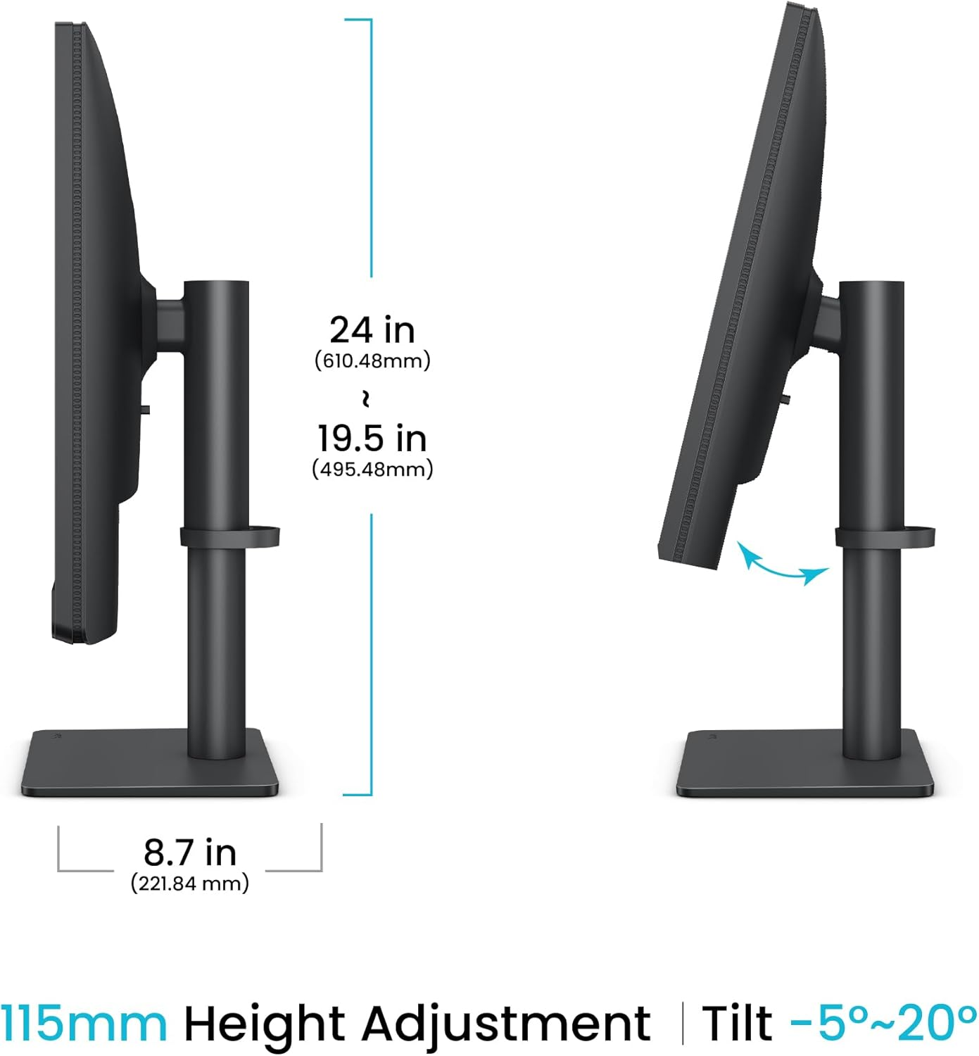 Dwa czarne monitory komputerowe ze stojakami. Wymiary: 24 cale, 19,5 cala i 8,7 cala. Pokazano regulację wysokości i kąty nachylenia.