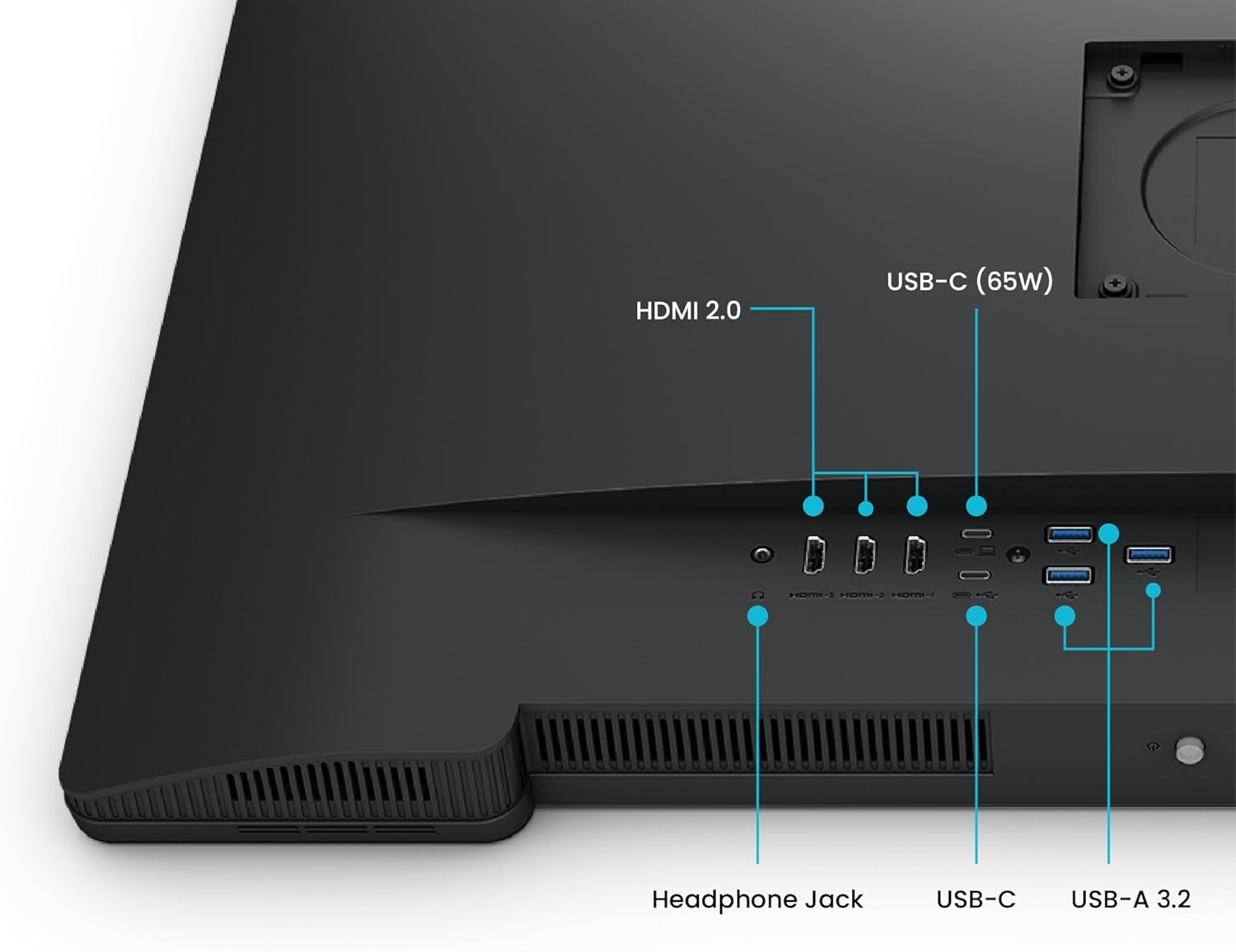 Widok z tyłu czarnego monitora z portami: HDMI 2.0, USB-C (65W), gniazdo słuchawkowe, USB-C i USB-A 3.2.