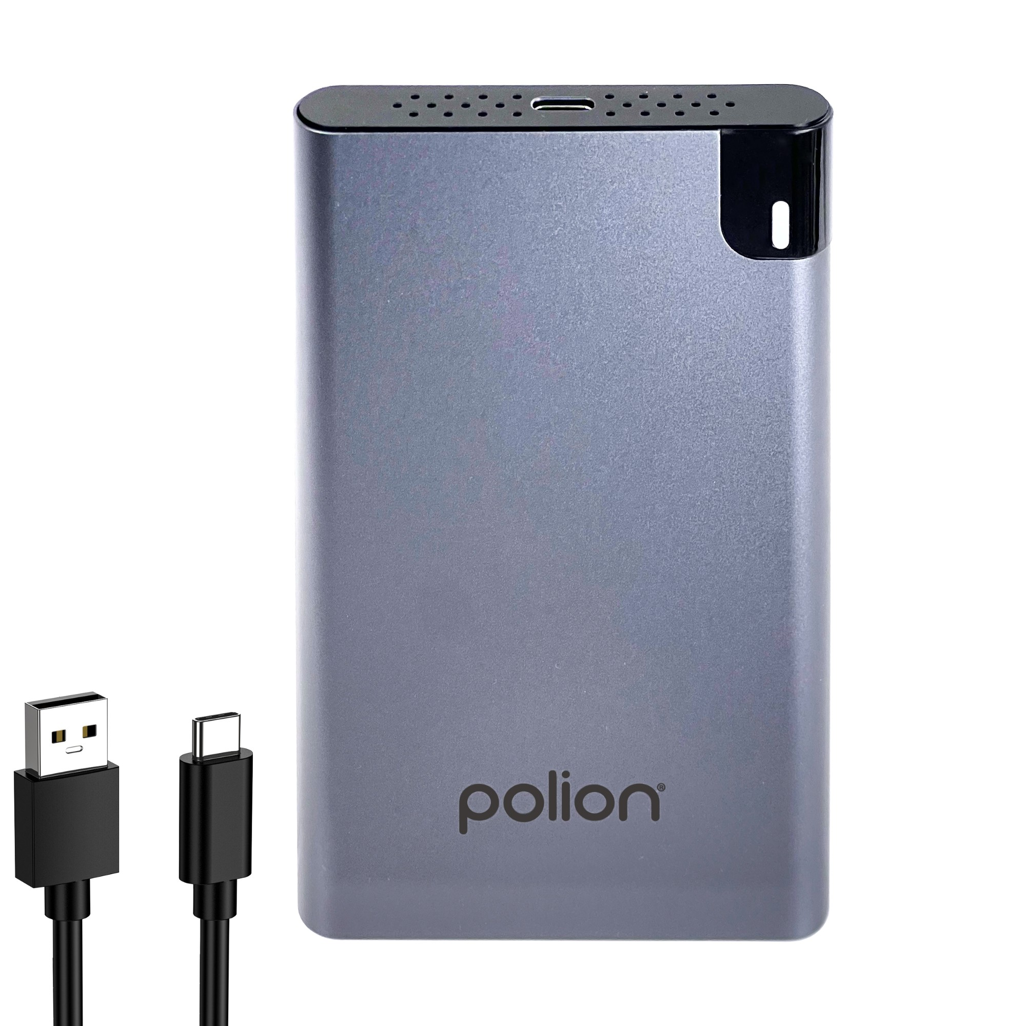 Szary zewnętrzny dysk twardy z dwoma kablami USB. Marka 'polion' jest widoczna na dysku.