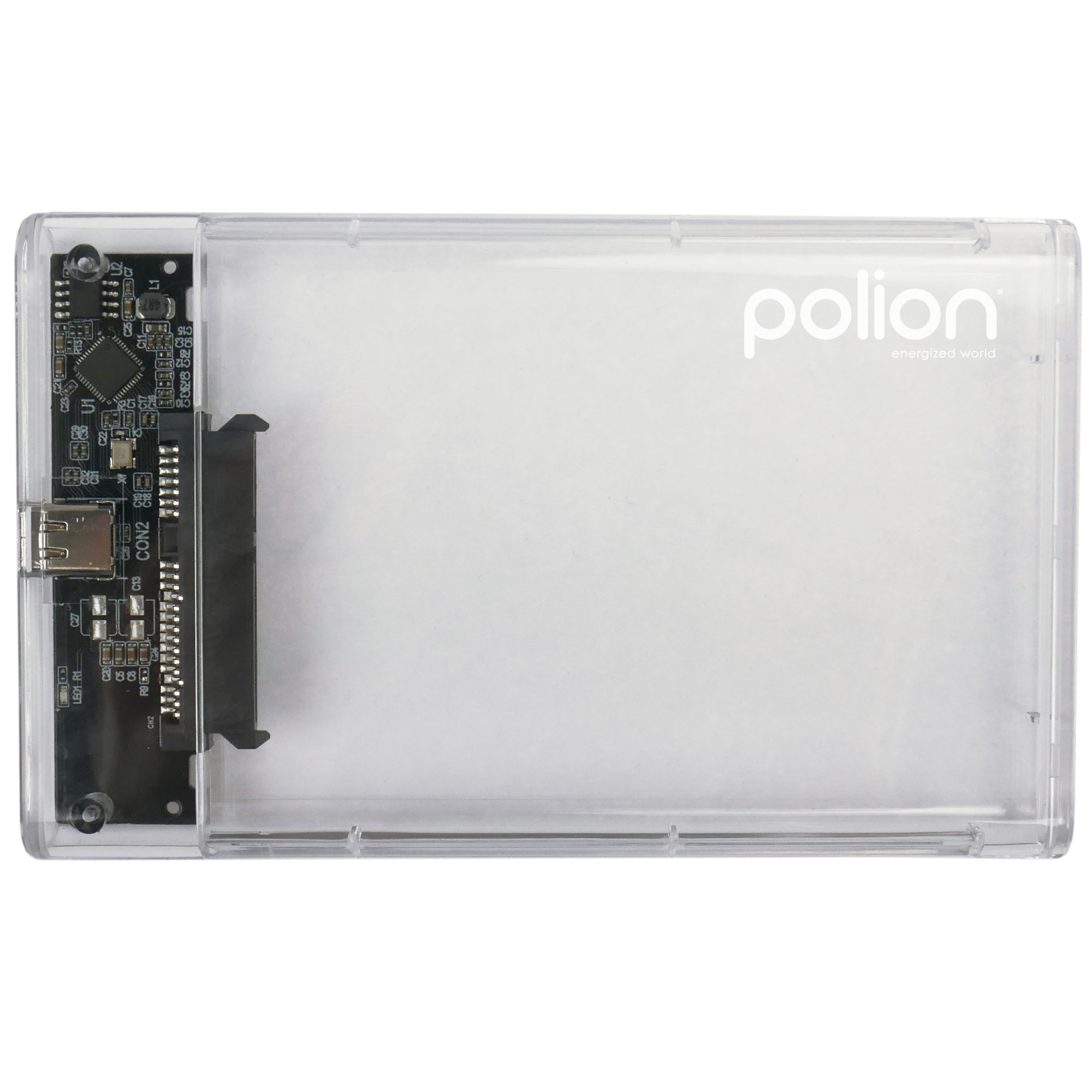 Przezroczysta plastikowa obudowa dysku twardego zewnętrznego Polion. Czarna płytka drukowana znajduje się po lewej stronie.