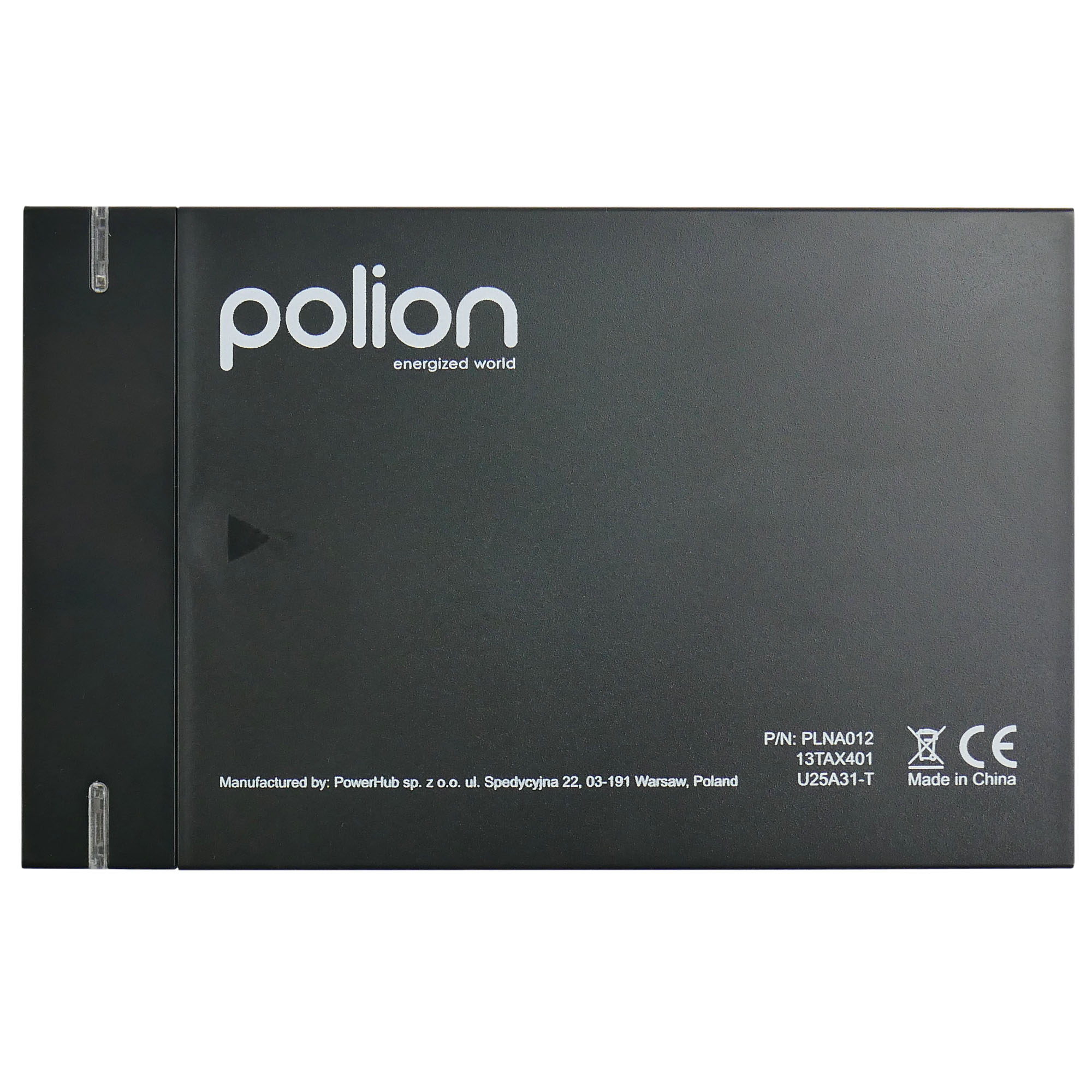 Czarna bateria Polion. Biały tekst: 'polion energized world'. Szczegóły obejmują informacje o produkcie i 'Made in China'.