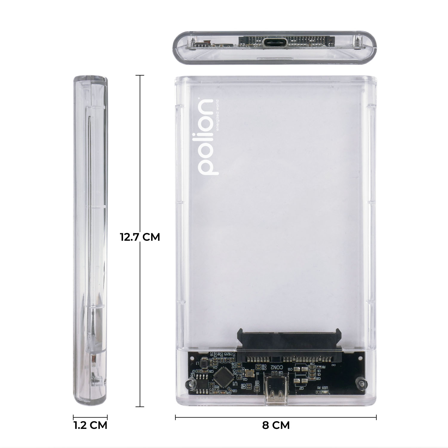 Przezroczysta obudowa zewnętrznego dysku twardego, pokazująca wymiary. Zawiera płytkę obwodu i markę 'polion'.