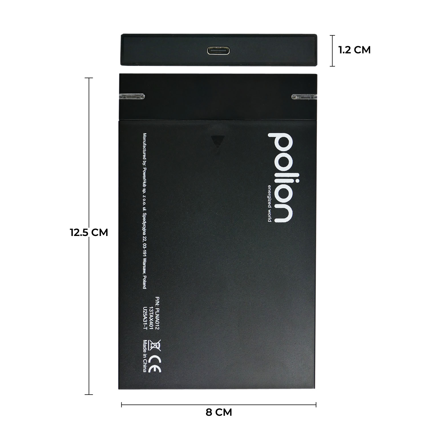 Czarny power bank Polion z wymiarami, pokazujący nazwę marki, szczegóły produktu i informacje o produkcji.