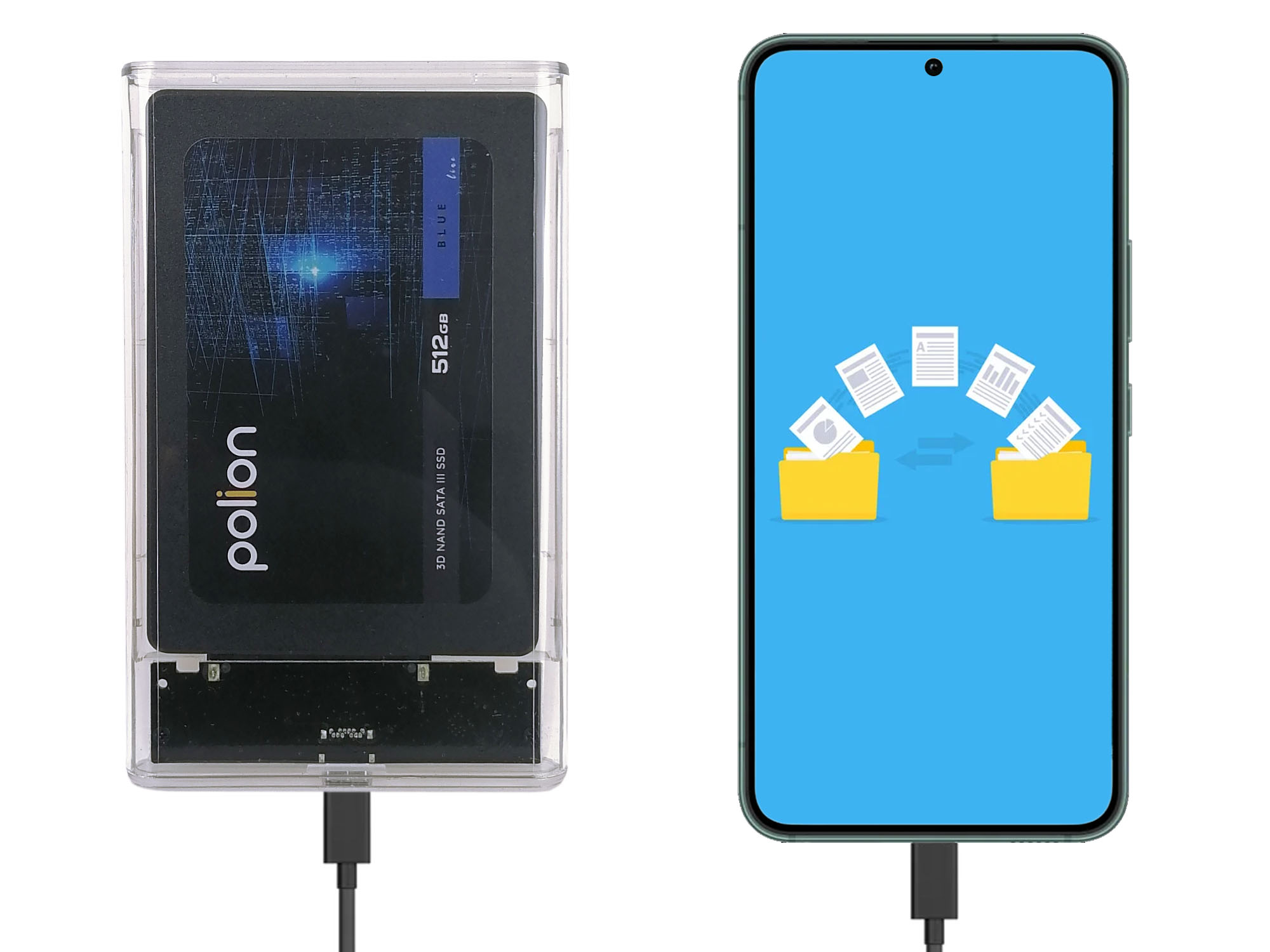 Zewnętrzny dysk twardy podłączony do telefonu za pomocą kabla. Telefon pokazuje transfer plików między folderami.