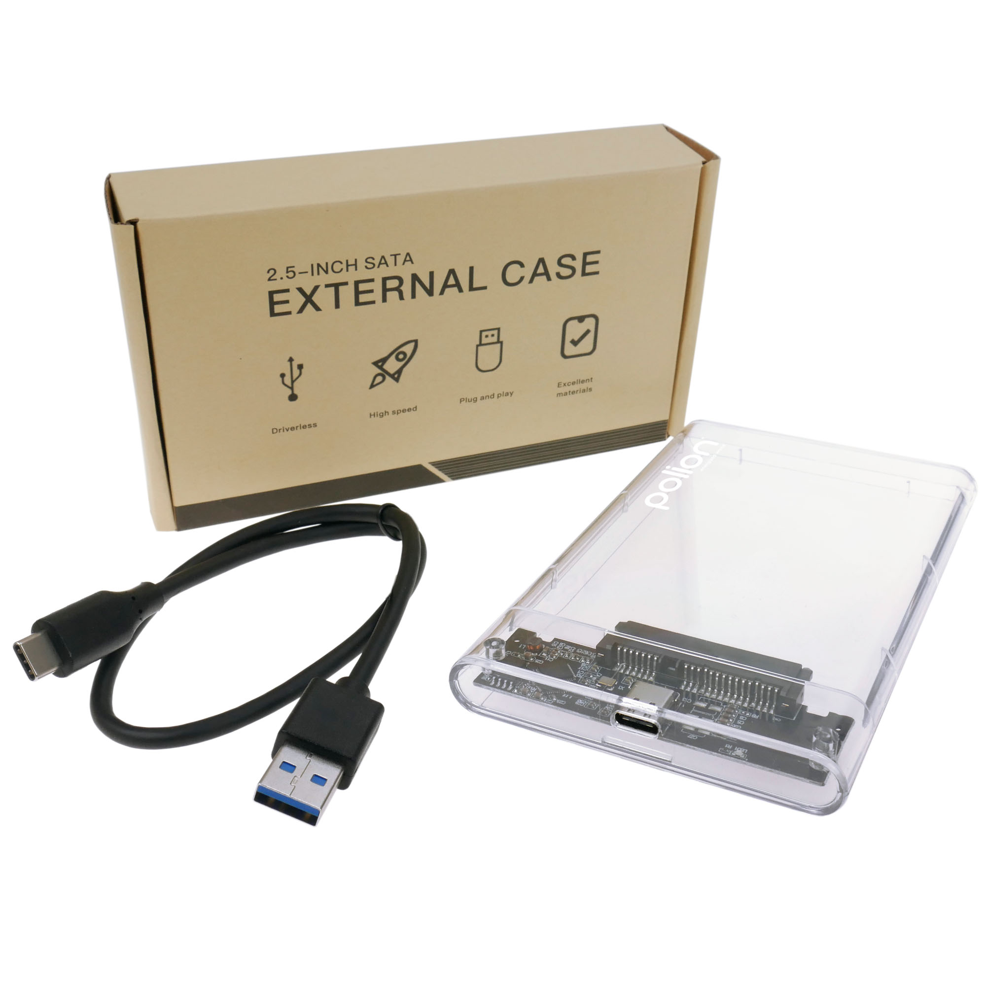 Obudowa zewnętrznego dysku twardego, kabel i pudełko. Obudowa jest przezroczysta, kabel jest czarny, a pudełko brązowe.