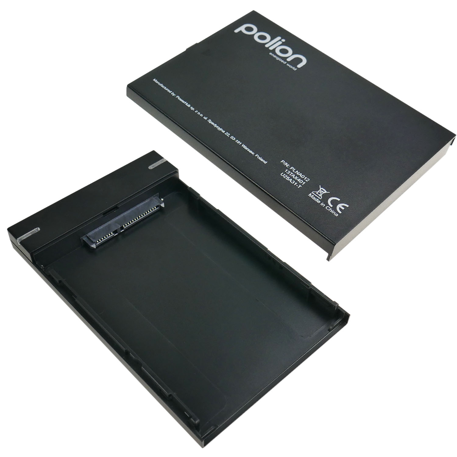 Czarna obudowa dysku twardego z zdjętą górną pokrywą. Górna pokrywa ma markę 'polion'.