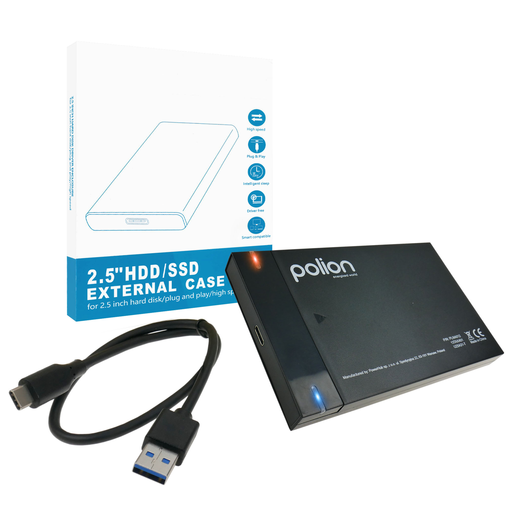 Zestaw zewnętrznego dysku twardego z czarnym dyskiem, kablem USB i białym pudełkiem z informacjami o produkcie.