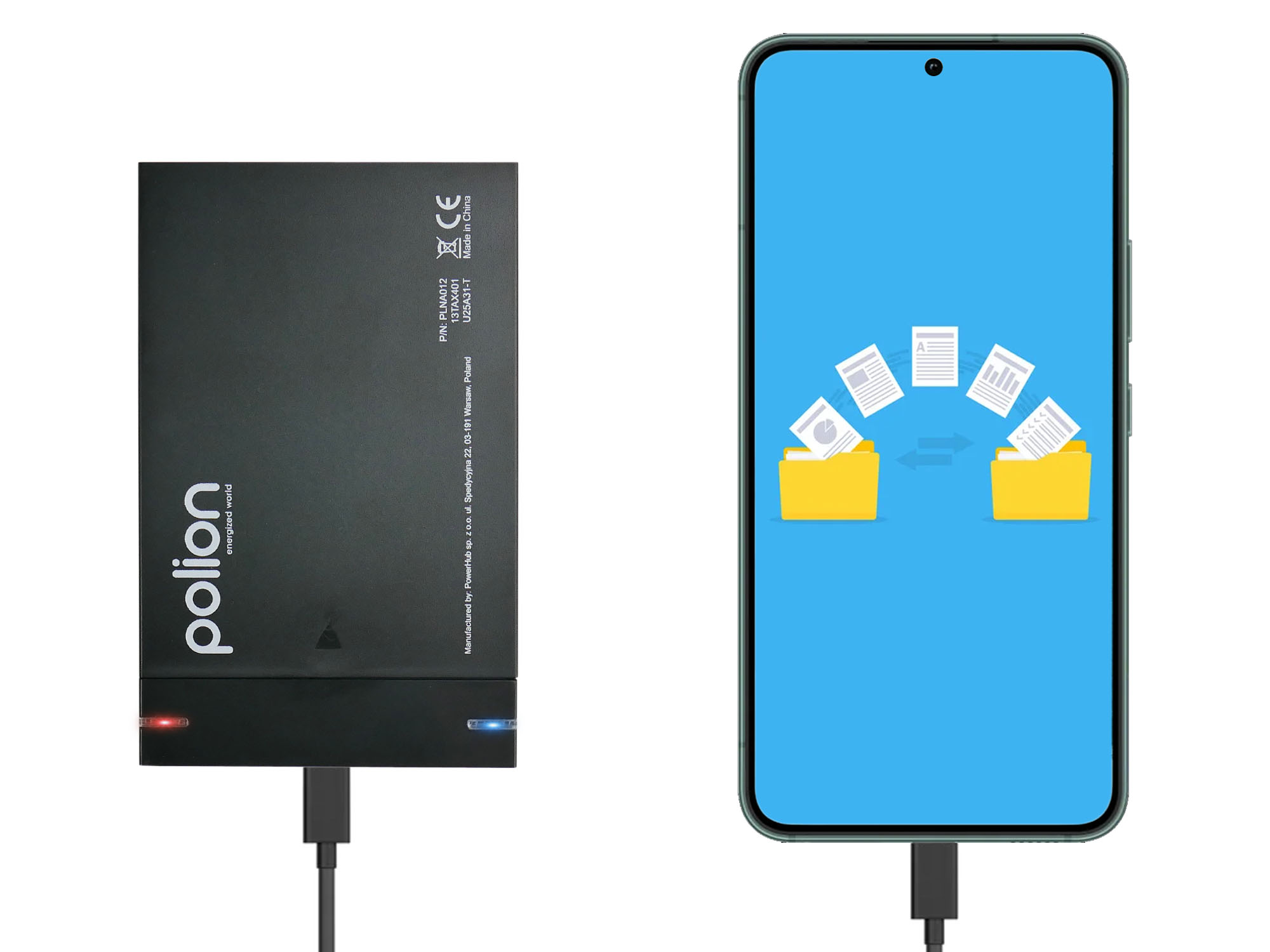 Czarne urządzenie do przechowywania danych jest podłączone do telefonu wyświetlającego transfer danych. Dokumenty przenoszą się między folderami.