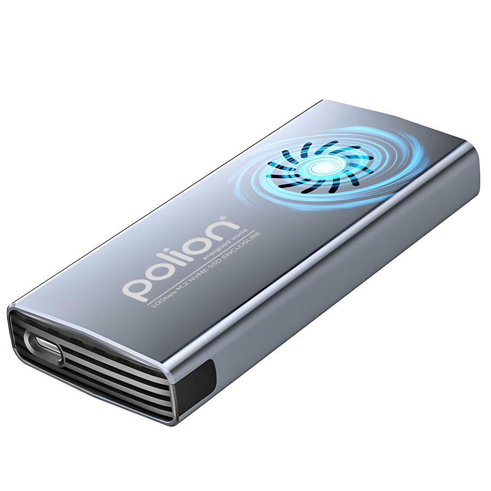 Srebrna obudowa zewnętrznego dysku SSD z marką 'polion' i niebieskim podświetlanym wzorem wentylatora na górze.