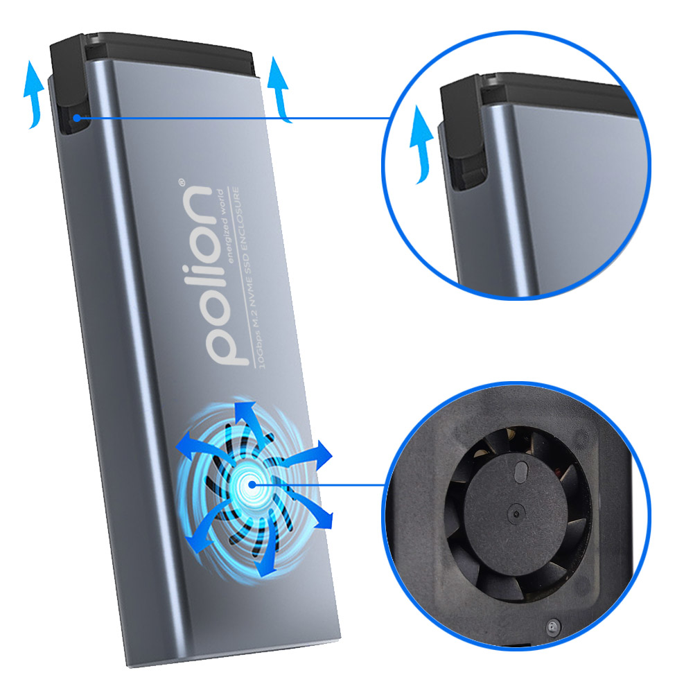 Srebrna obudowa SSD z wentylatorem, niebieskie strzałki wskazujące przepływ powietrza oraz zbliżenia góry i wentylatora.