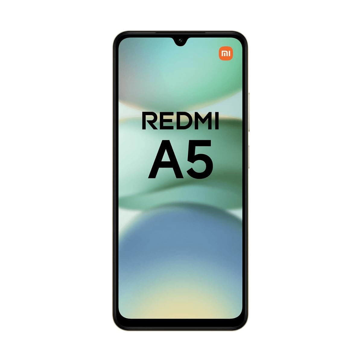 Ein Redmi A5 Smartphone vor weißem Hintergrund. Der Bildschirm zeigt das Redmi-Logo und den Text A5. Das Telefon ist schwarz.
