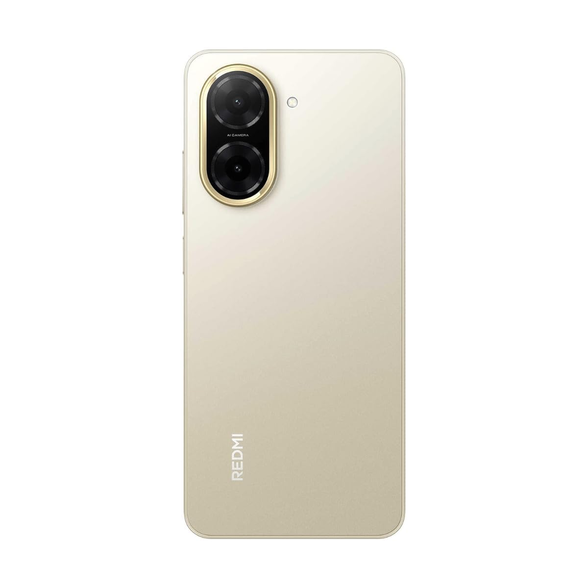 Ein beiges Smartphone mit goldener Kameramodul. Auf dem Telefon steht vertikal das Wort REDMI. Der Hintergrund ist weiß.