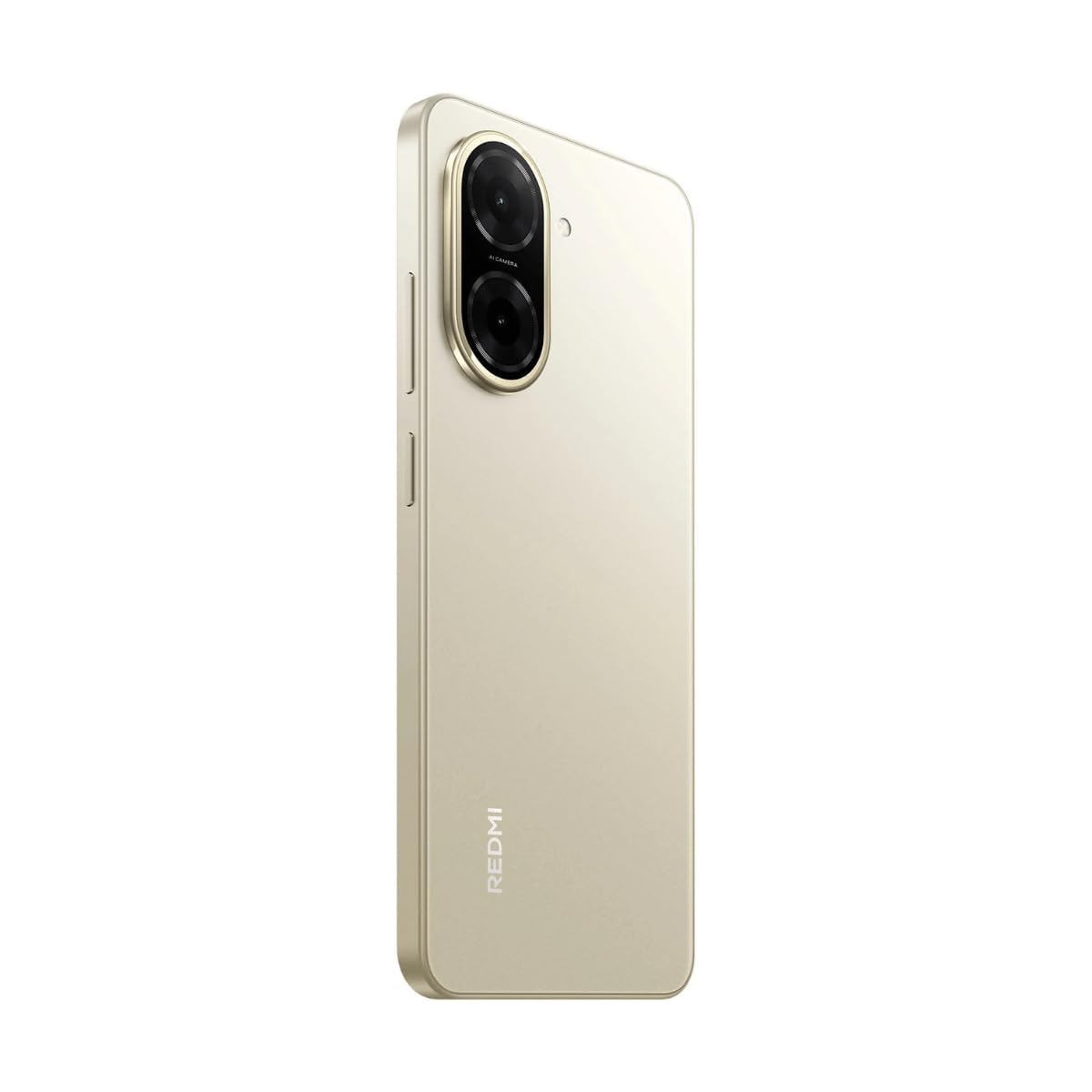 Ein goldenes Redmi-Handy ist leicht angewinkelt. Es hat zwei Kameras oben, eine Lautstärkewippe und eine Ein-/Aus-Taste an der Seite. Das Redmi-Logo ist unten.
