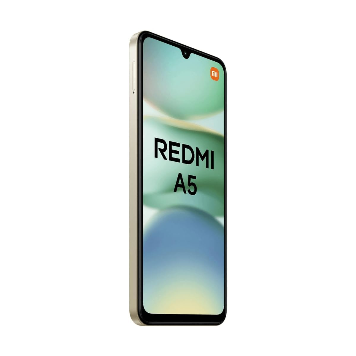 Ein Redmi A5 Smartphone, beiger Rahmen, schwarzer Bildschirm. Der Bildschirm zeigt einen Farbverlauf mit dem Redmi-Logo.