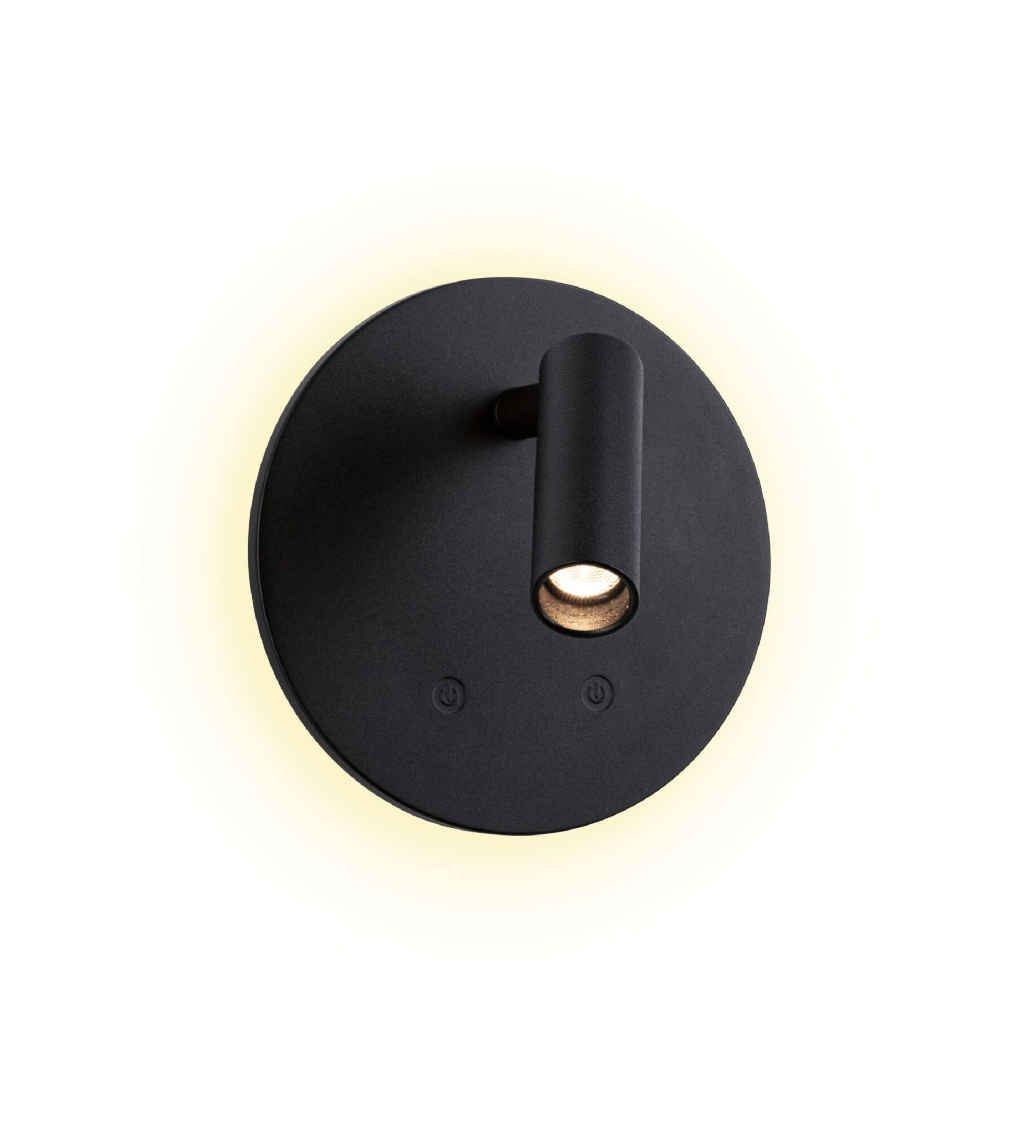 Nowoczesna czarna lampa ścienna z okrągłą podstawą, cylindrycznym światłem i dwoma przyciskami zasilania. Tło białe.