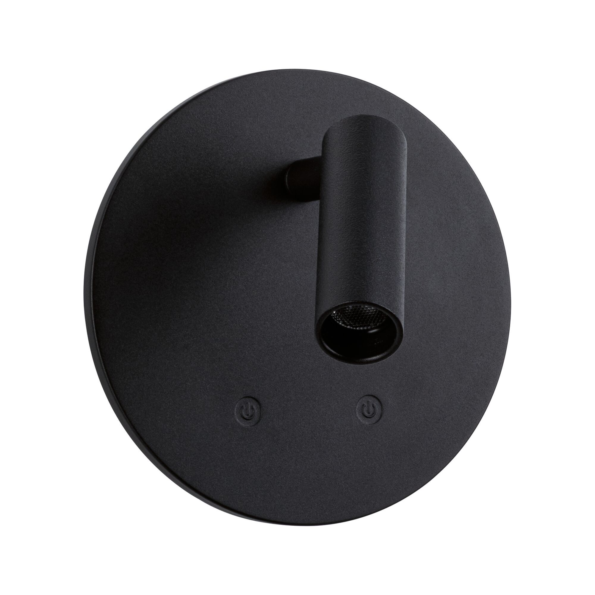 Czarna lampa ścienna z okrągłą podstawą i cylindrycznym reflektorem. Dwa symbole zasilania na podstawie.