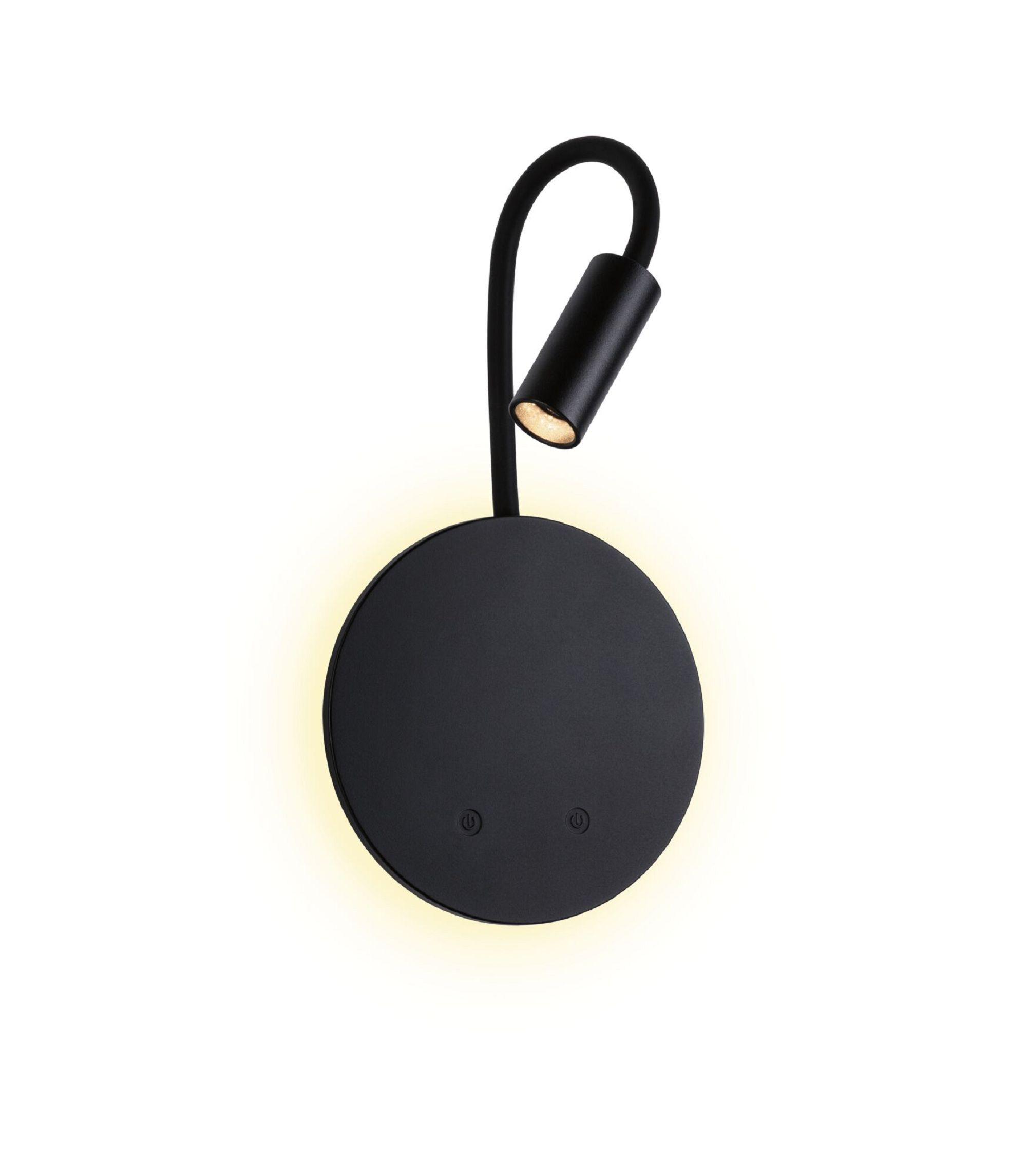 Czarna, okrągła lampa z zakrzywionym ramieniem i regulowanym światłem. Dwa przyciski zasilania są widoczne na podstawie.