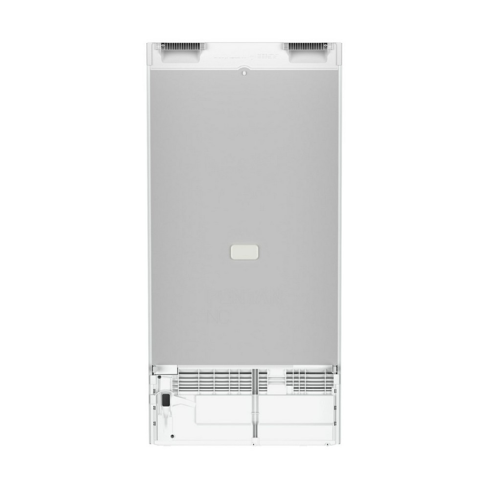 Vista posteriore di un frigorifero bianco. Ha un pannello centrale grigio con un piccolo pulsante rettangolare e prese d'aria.