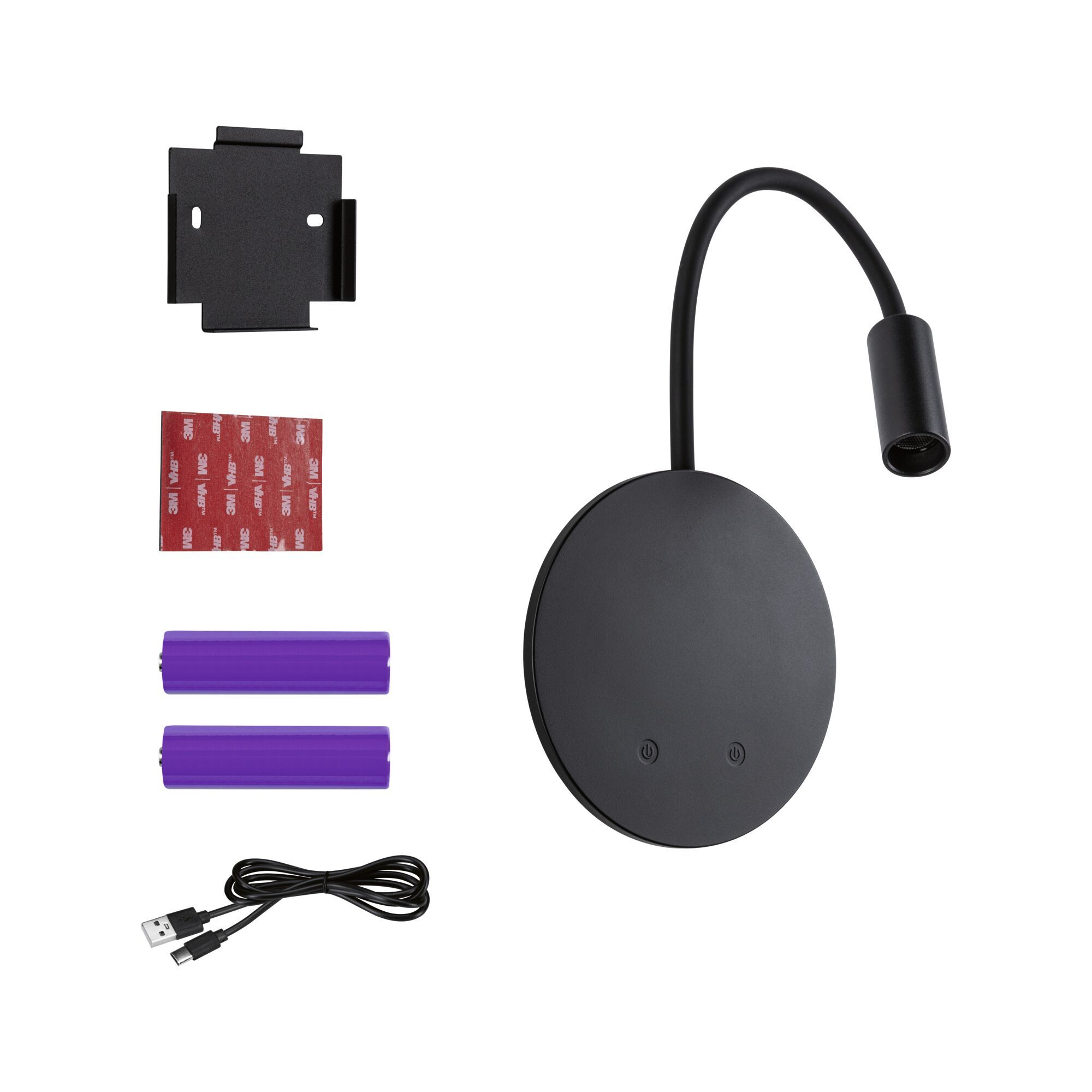 Czarna lampa biurkowa z okrągłą podstawą, elastyczną szyjką i głowicą świetlną. Również sprzęt montażowy i baterie.