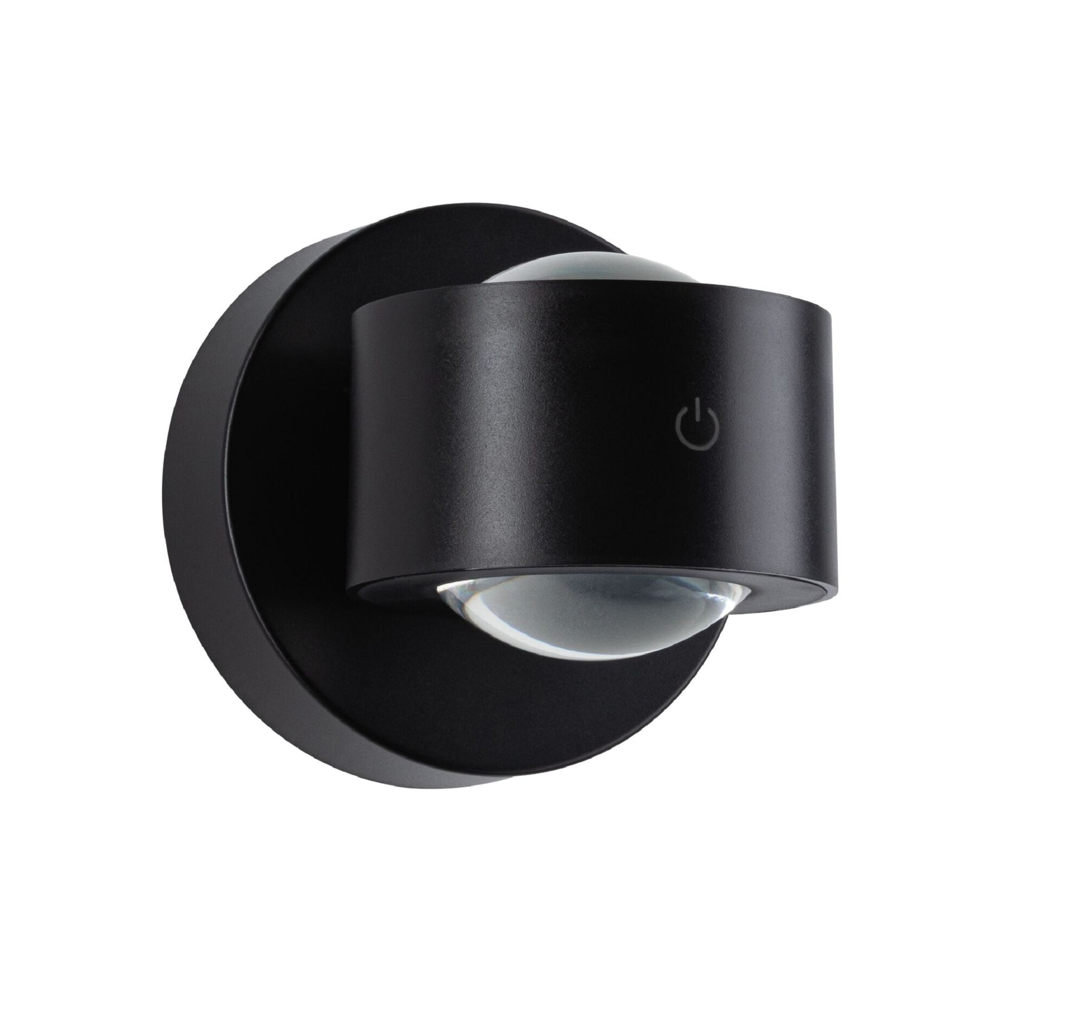 Czarna lampa ścienna, cylindryczna z symbolem zasilania, przezroczystą soczewką i okrągłą podstawą.