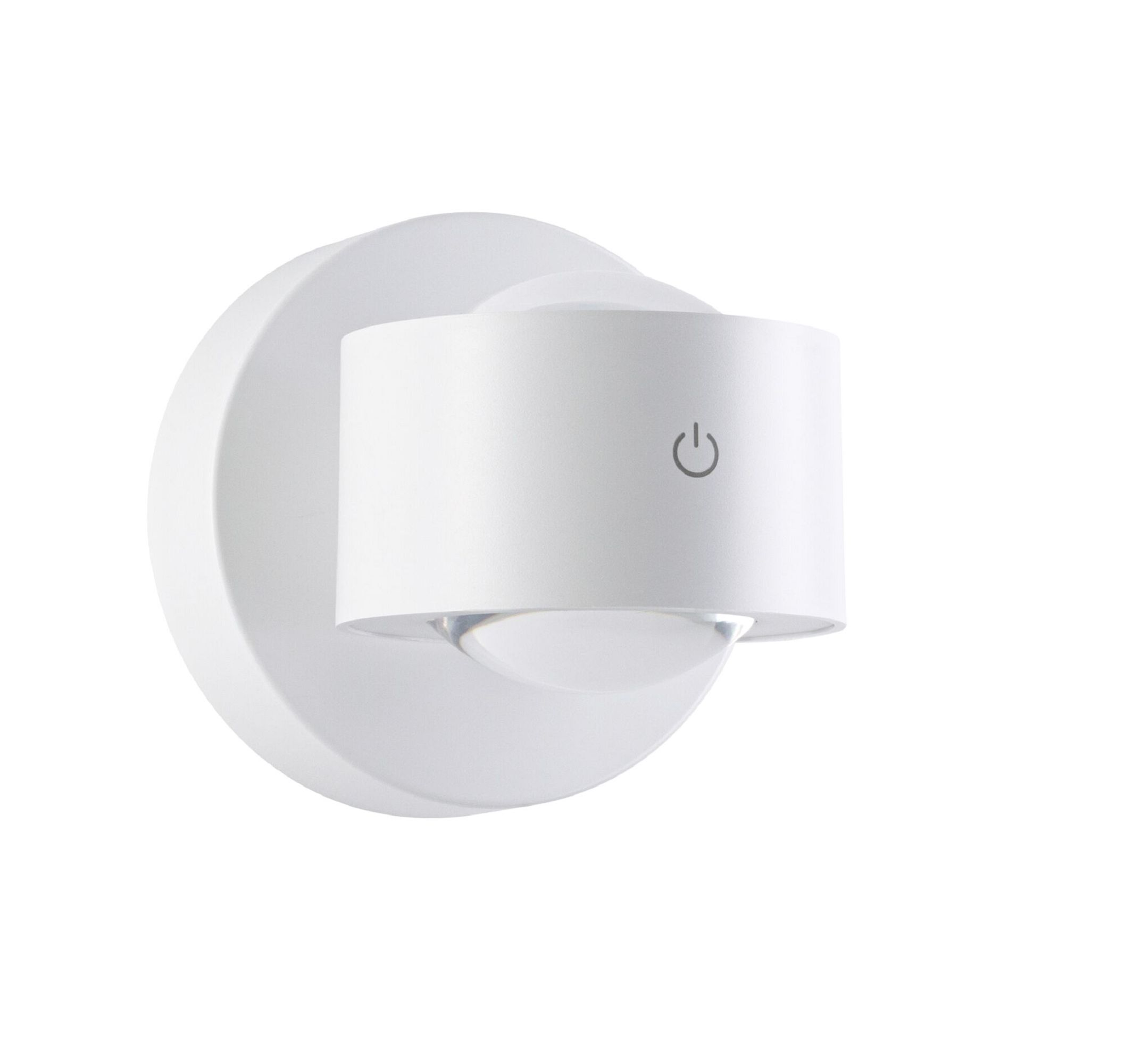 Biała lampa ścienna z okrągłą podstawą i cylindrycznym światłem. Symbol zasilania znajduje się na lampie.