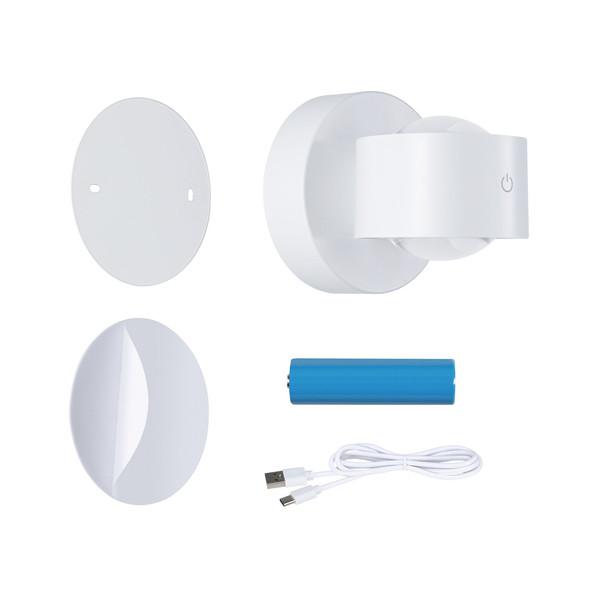 Komponenty białej lampy ściennej: płyta montażowa, lampa, bateria i kabel USB. Lampa ma przycisk zasilania.