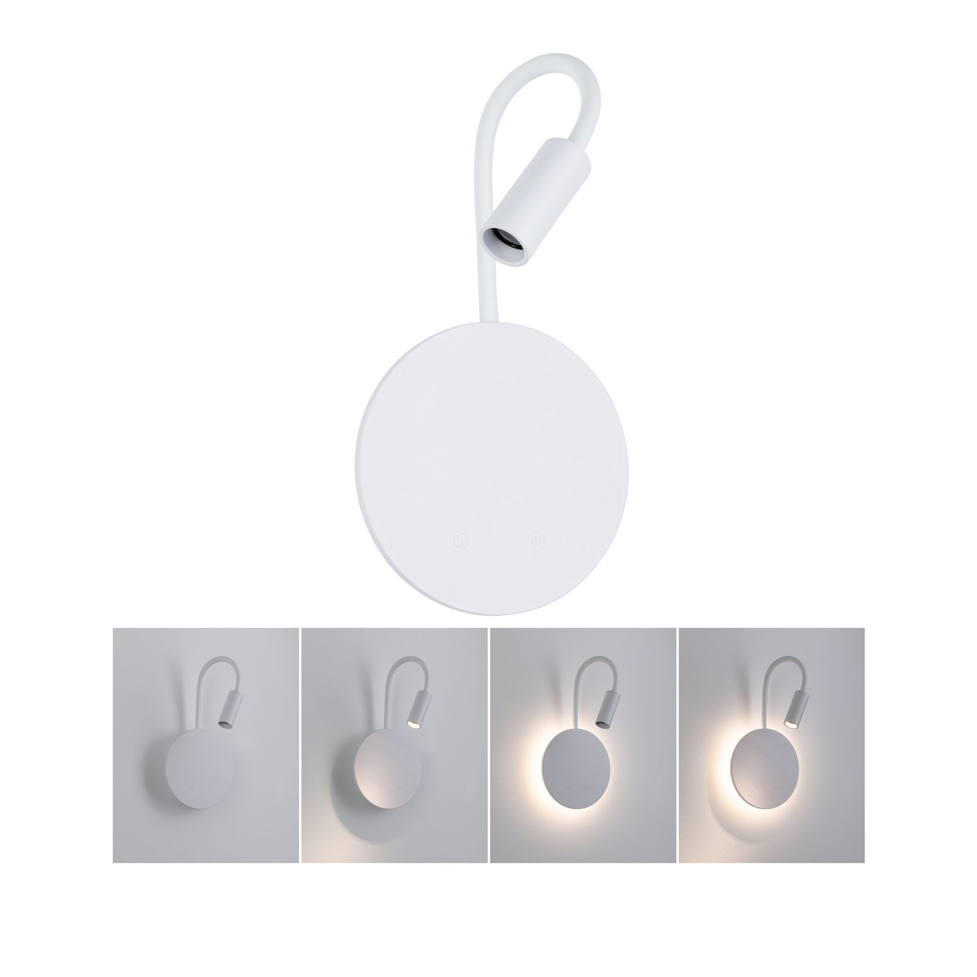 Biała lampa ścienna z okrągłą podstawą i elastycznym ramieniem, z czterema wariantami oświetlenia.