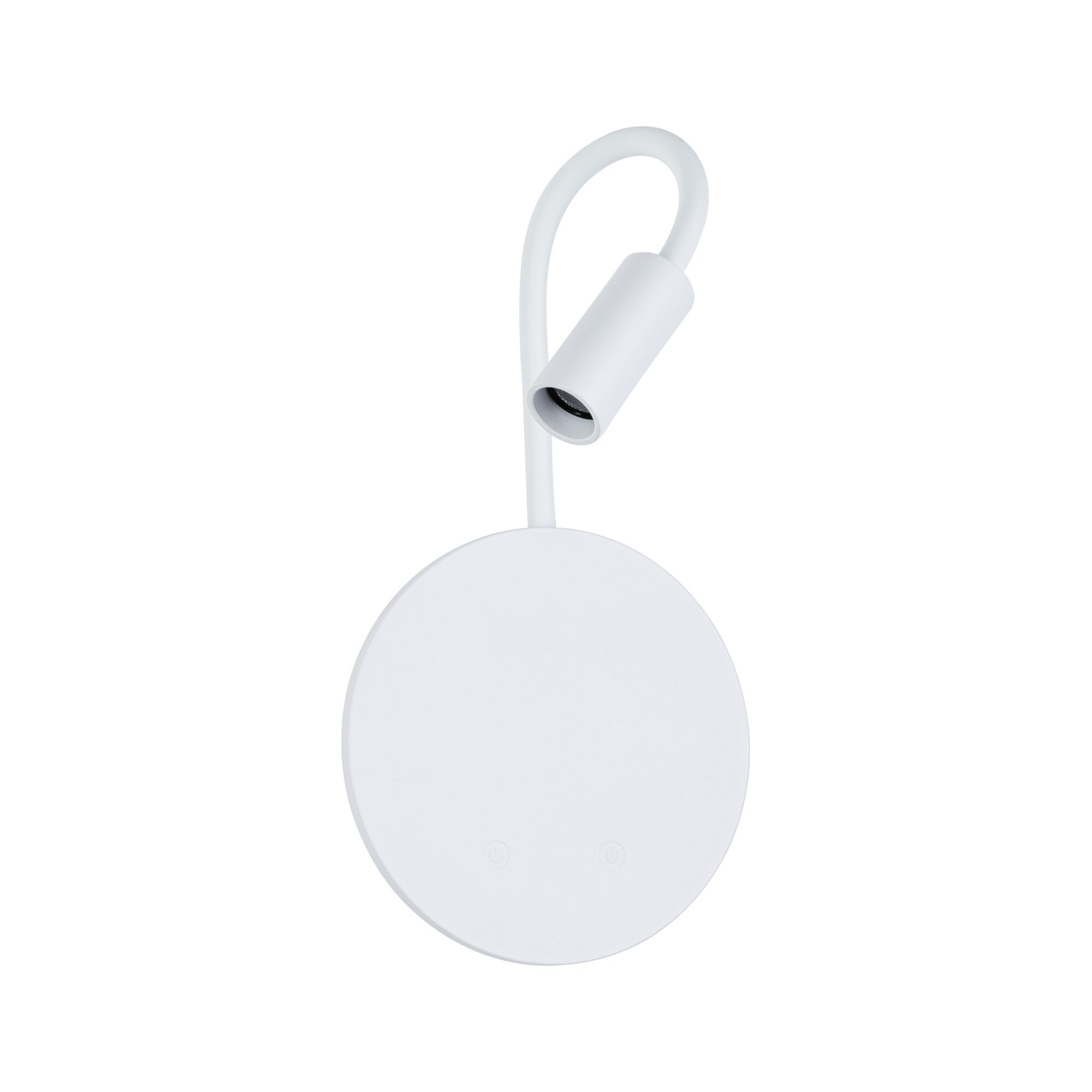 Biała lampa biurkowa z okrągłą podstawą i elastyczną szyją. Lampa jest na białym tle.