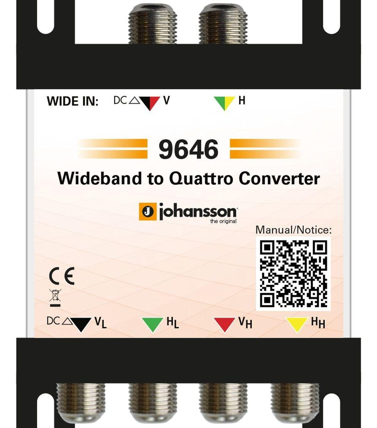 Gerät mit Anschlüssen, Text '9646 Wideband to Quattro Converter' und Johansson-Logo. Es hat Anzeigen und einen QR-Code.
