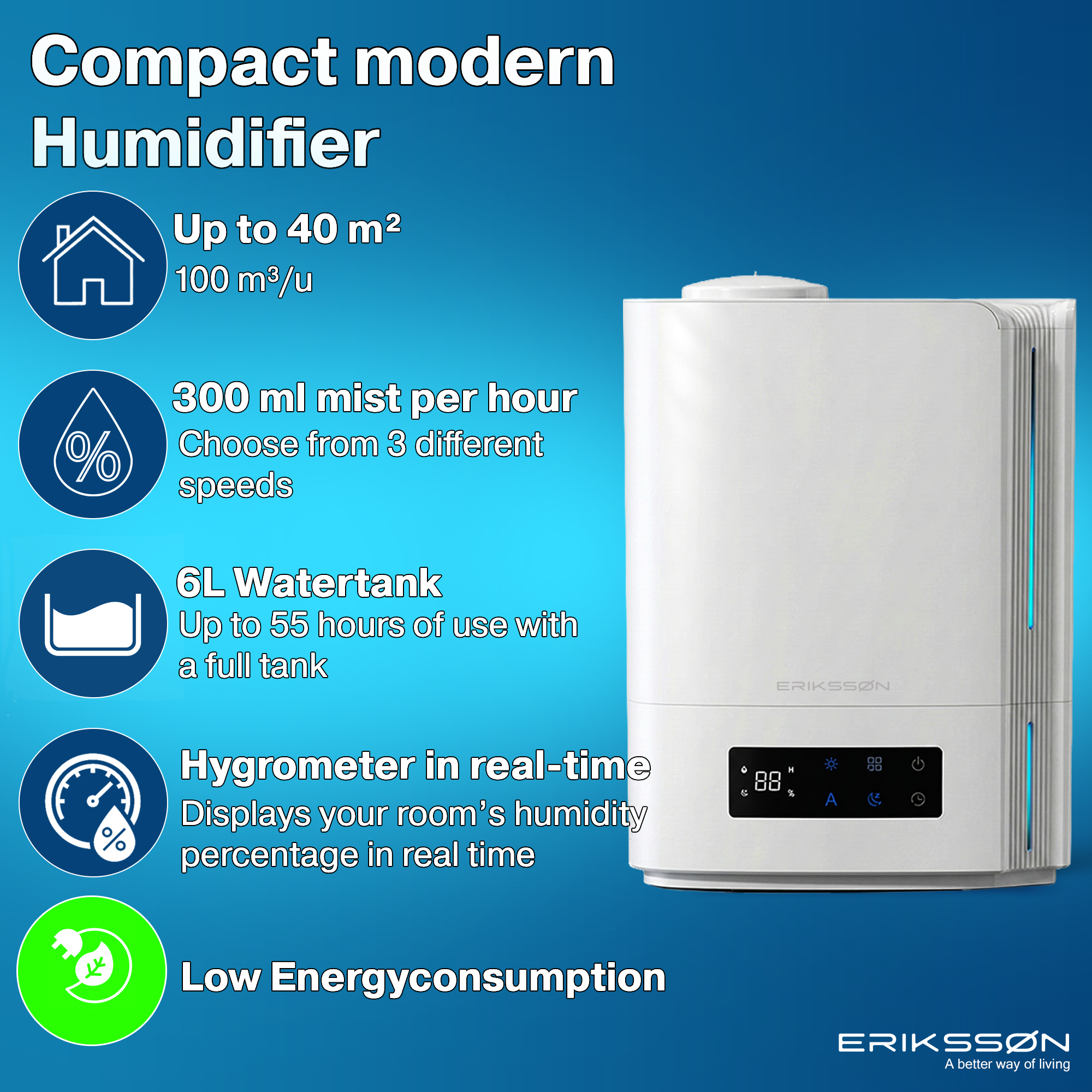 White humidifier with a digital display. It has features like a hygrometer and low energy consumption.