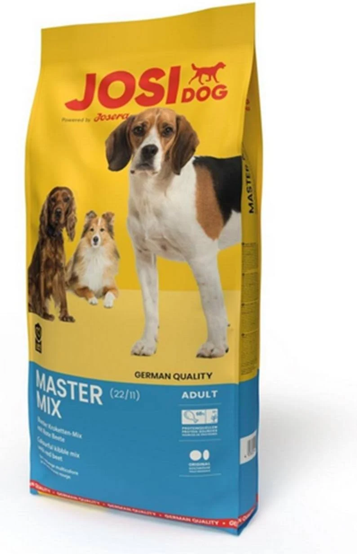Torba z karmą dla psów z beagle i dwoma innymi psami. Żółta torba z niebieską sekcją. Tekst: Josi Dog, Master Mix, Adult, German Quality.