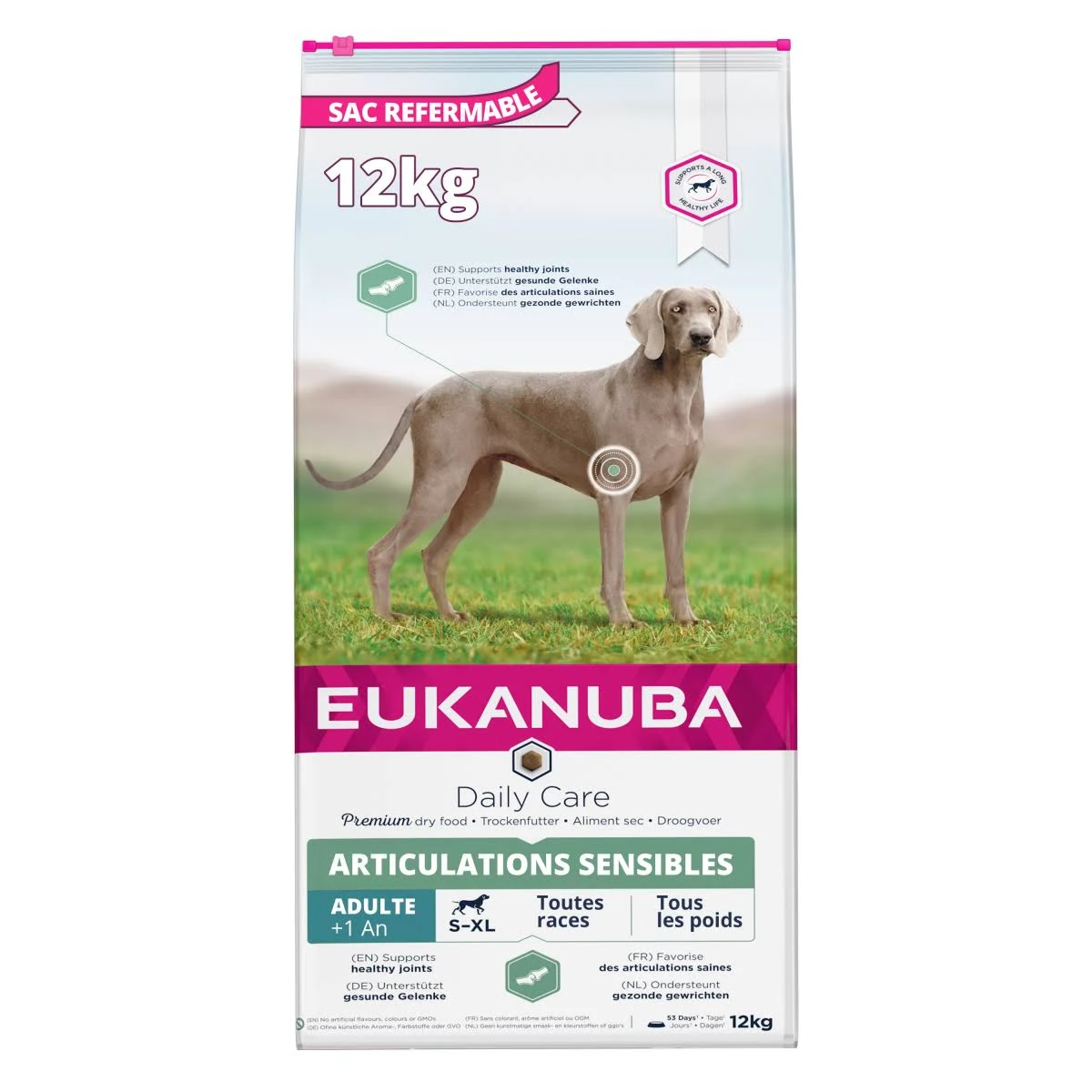 Torba karmy dla psów z Weimaranerem, tekstem 'Eukanuba' i szczegółami dotyczącymi zdrowia stawów.