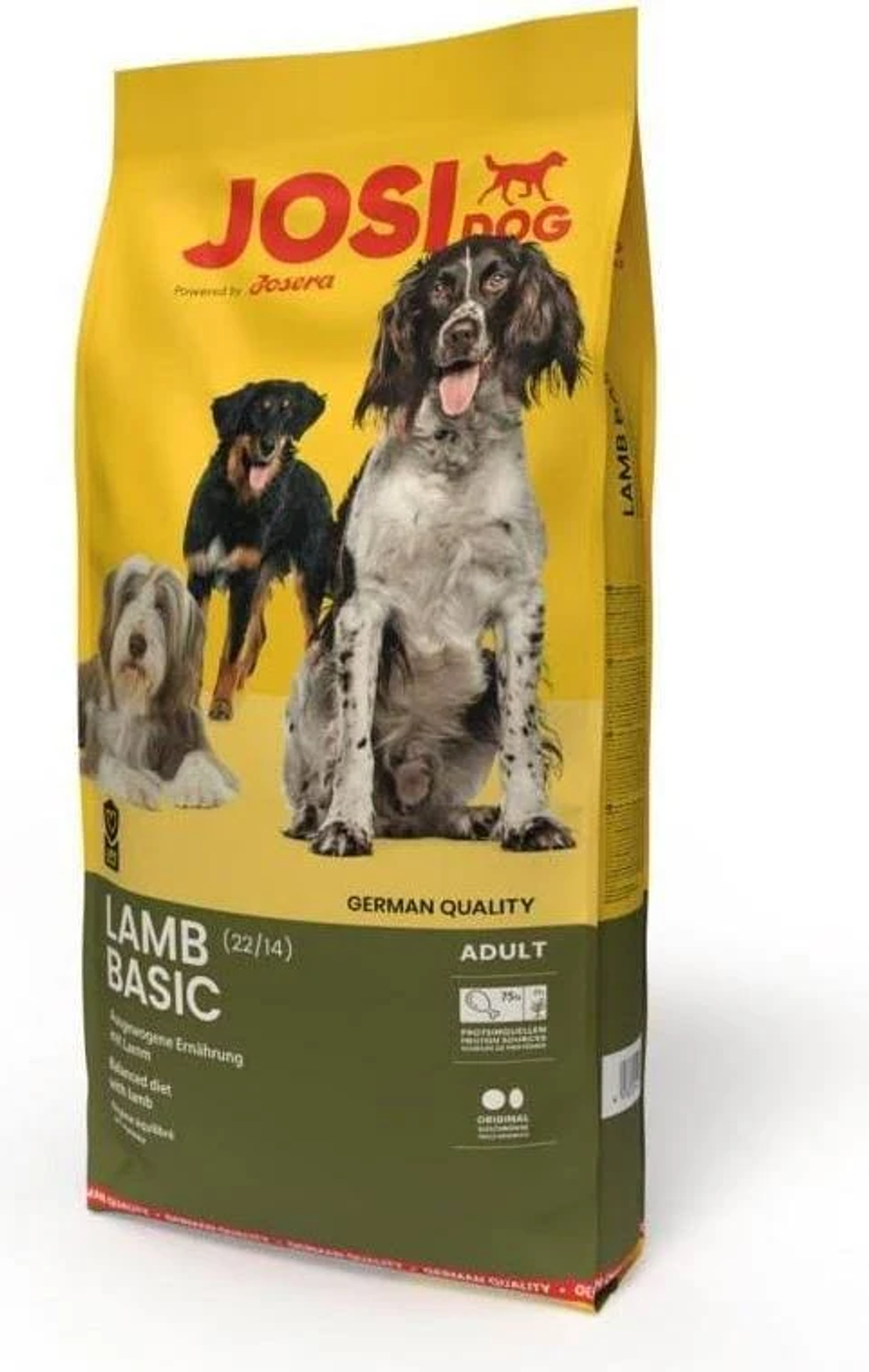 Torba z karmą dla psów z trzema psami. Torba jest żółto-zielona, z marką 'JOSI DOG'.