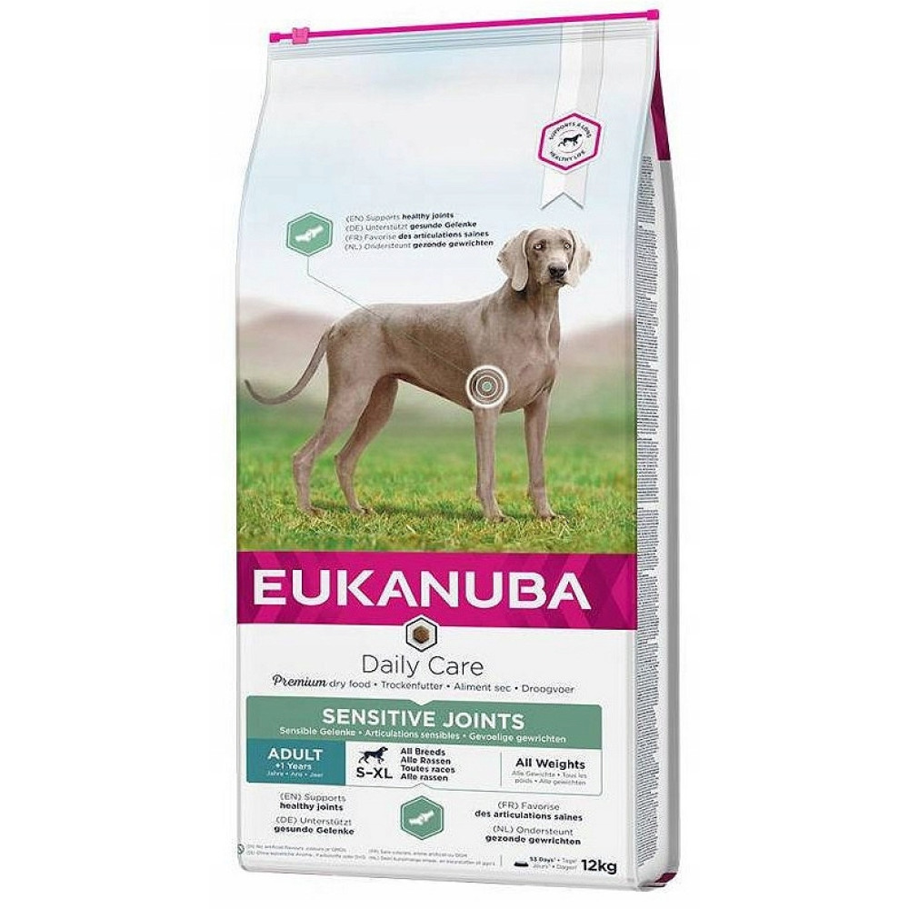 Worek karmy dla psów z weimarem. Tekst zawiera Eukanuba, Daily Care, Sensitive Joints i szczegóły produktu.