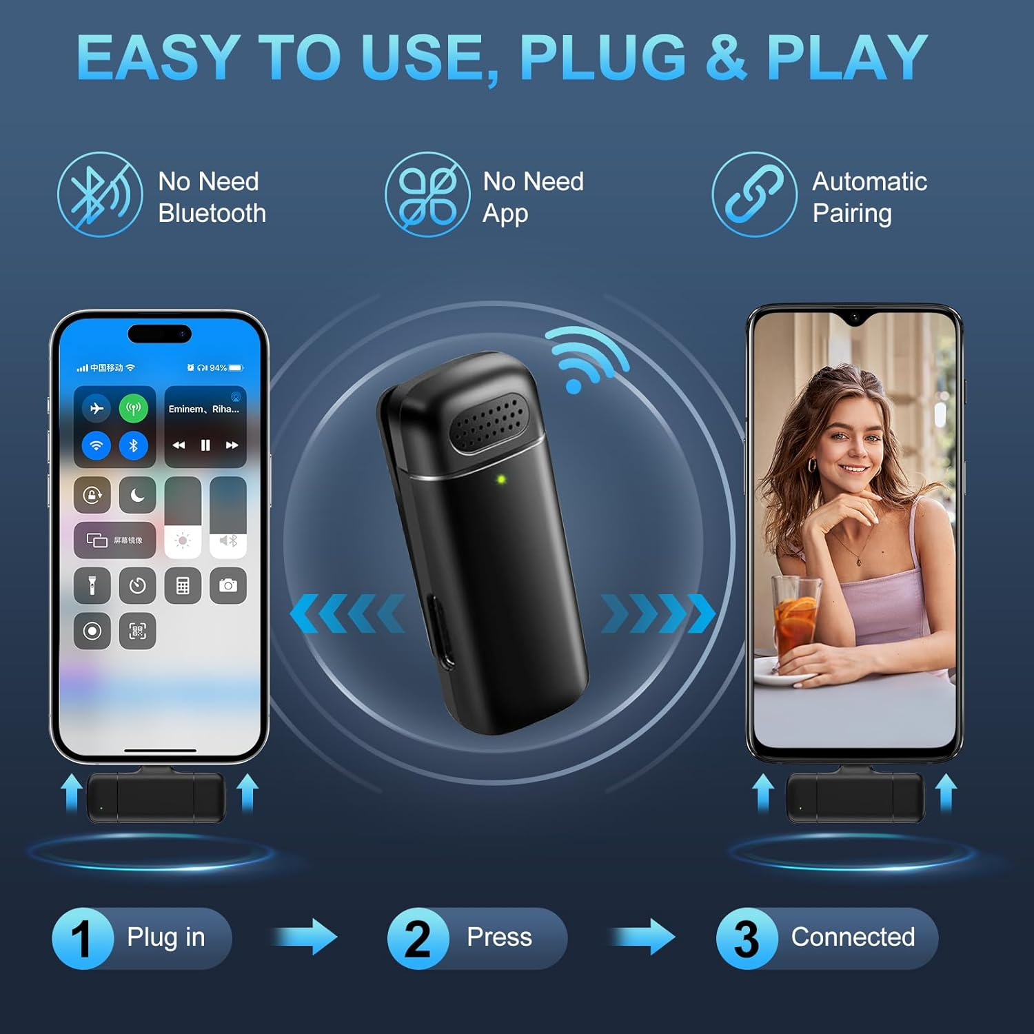 Diagramm, das ein Gerät zeigt, das sich mit zwei Telefonen verbindet. Schritte: einstecken, drücken und verbunden. Kein Bluetooth oder App erforderlich.