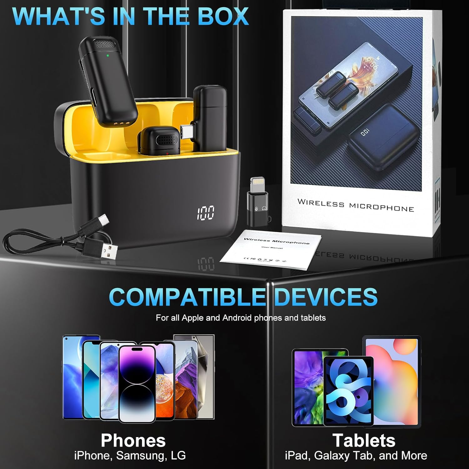 Das Bild zeigt drahtlose Mikrofonkomponenten, ein Ladeetui und kompatible Geräte. Text enthält "Was ist in der Box" und "Kompatible Geräte".