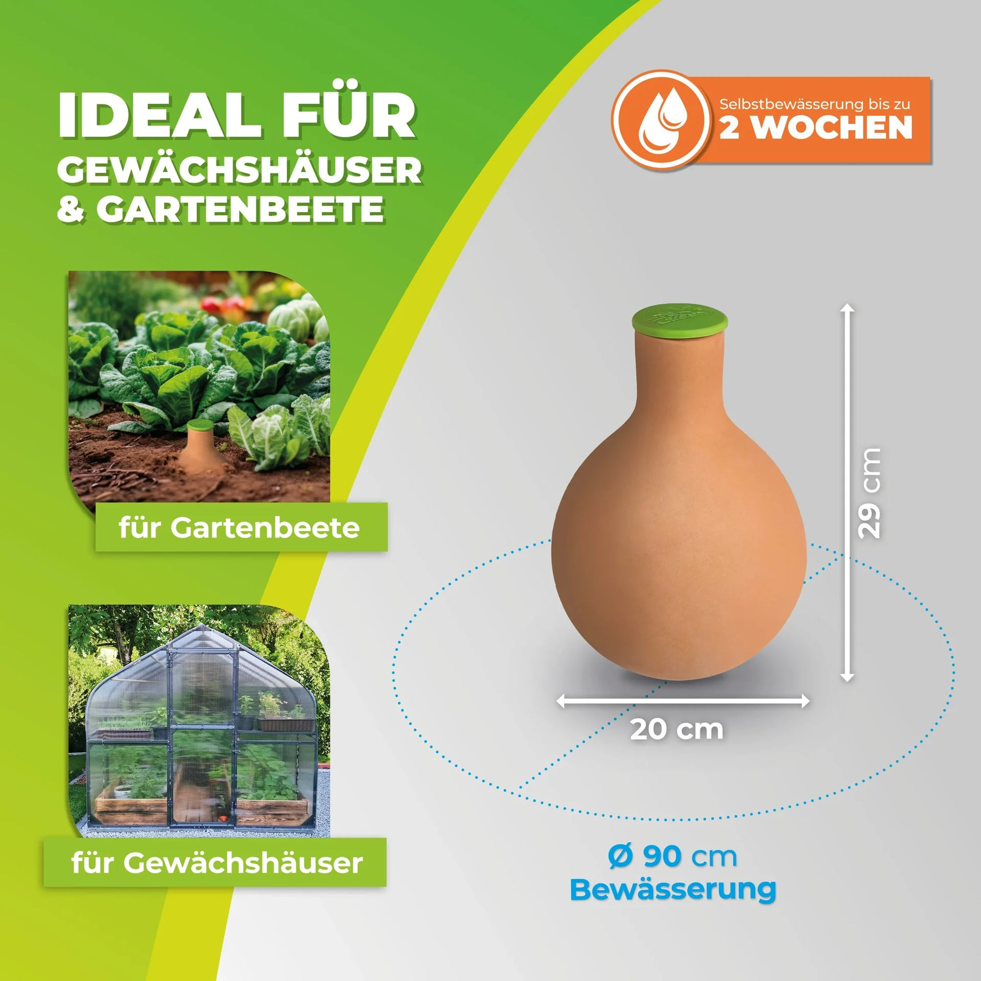 Das Bild zeigt ein Terrakotta-Bewässerungsgerät mit Abmessungen, Text und Bildern von Gärten und Gewächshäusern.