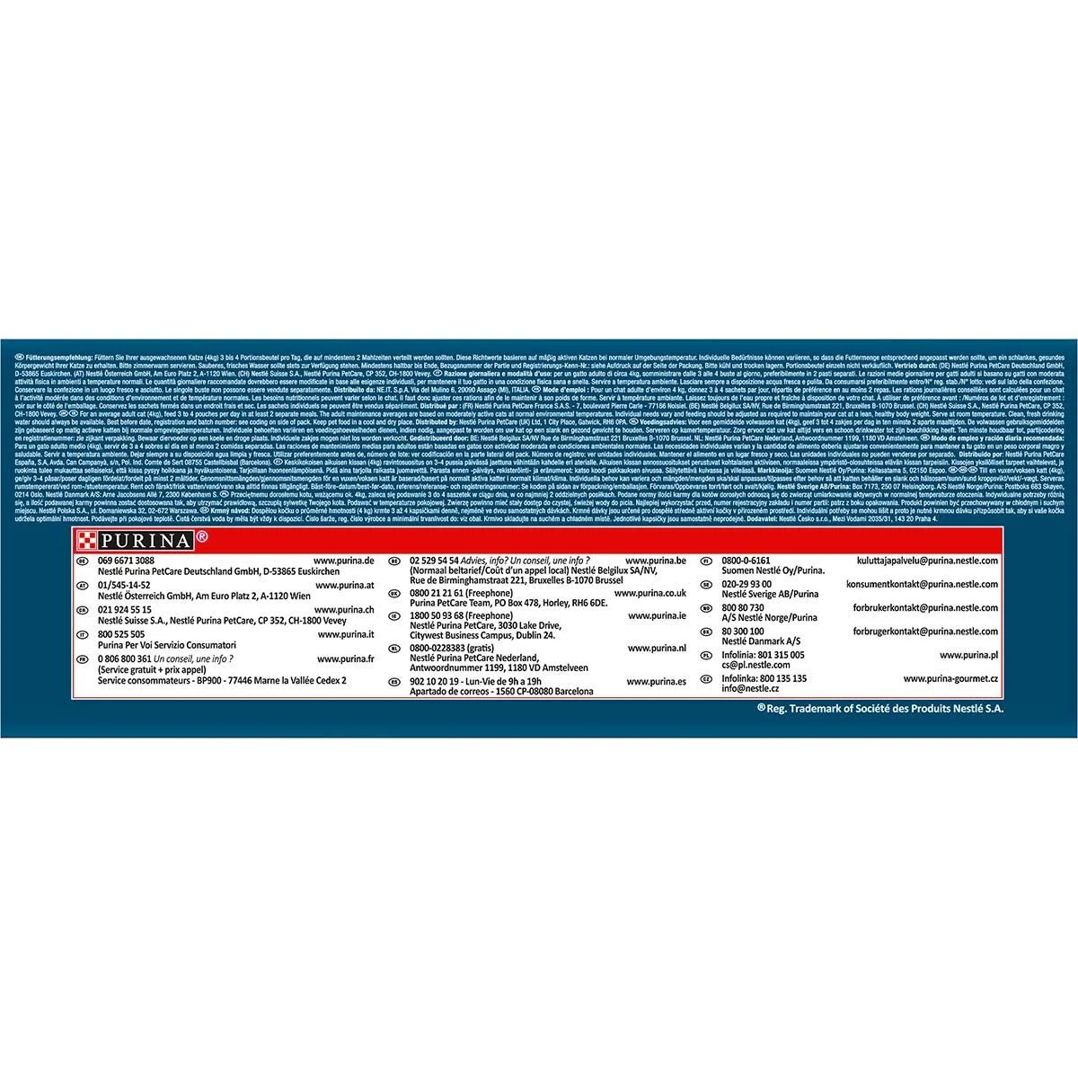 Etykieta produktu z tekstem i logo, w tym Purina i informacje kontaktowe.