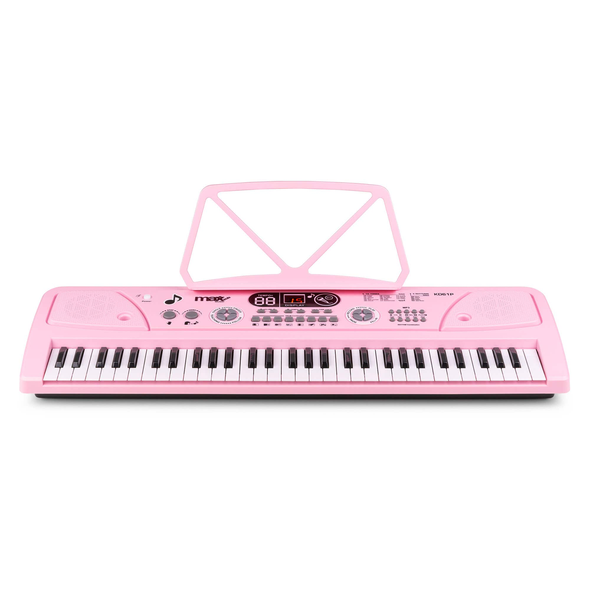 Un teclado rosa con teclas blancas y negras. Tiene un atril y un panel de control con botones y pantalla.