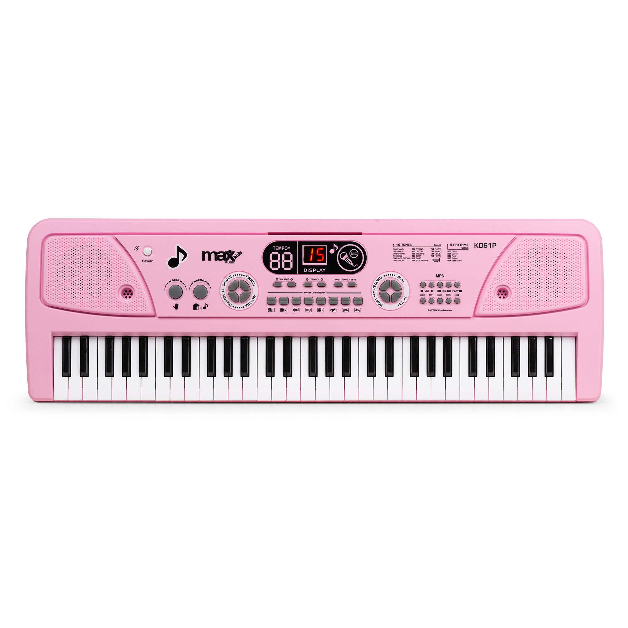 Un teclado rosa Max Kids con teclas blancas y negras. Tiene altavoces, una pantalla y botones de función.