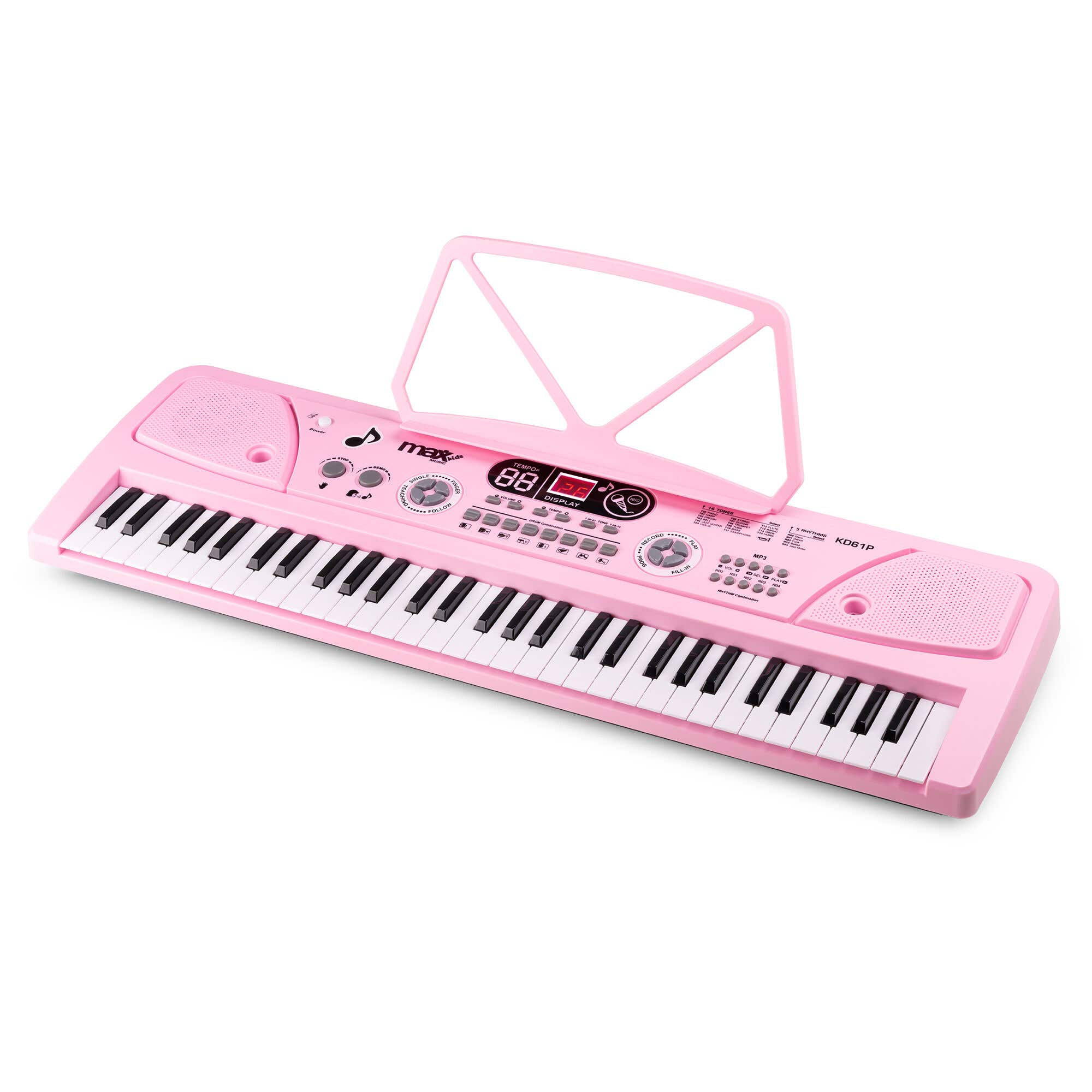 Piano de juguete rosa con teclas blancas y negras. Tiene un atril y varios botones y pantallas.