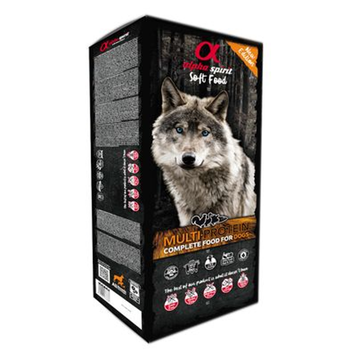 Pudełko karmy dla psów ze zdjęciem wilka. Tekst: Alpha Spirit, Soft Food, Multi-Protein Complete Food For Dogs. Etykieta: New Edition.