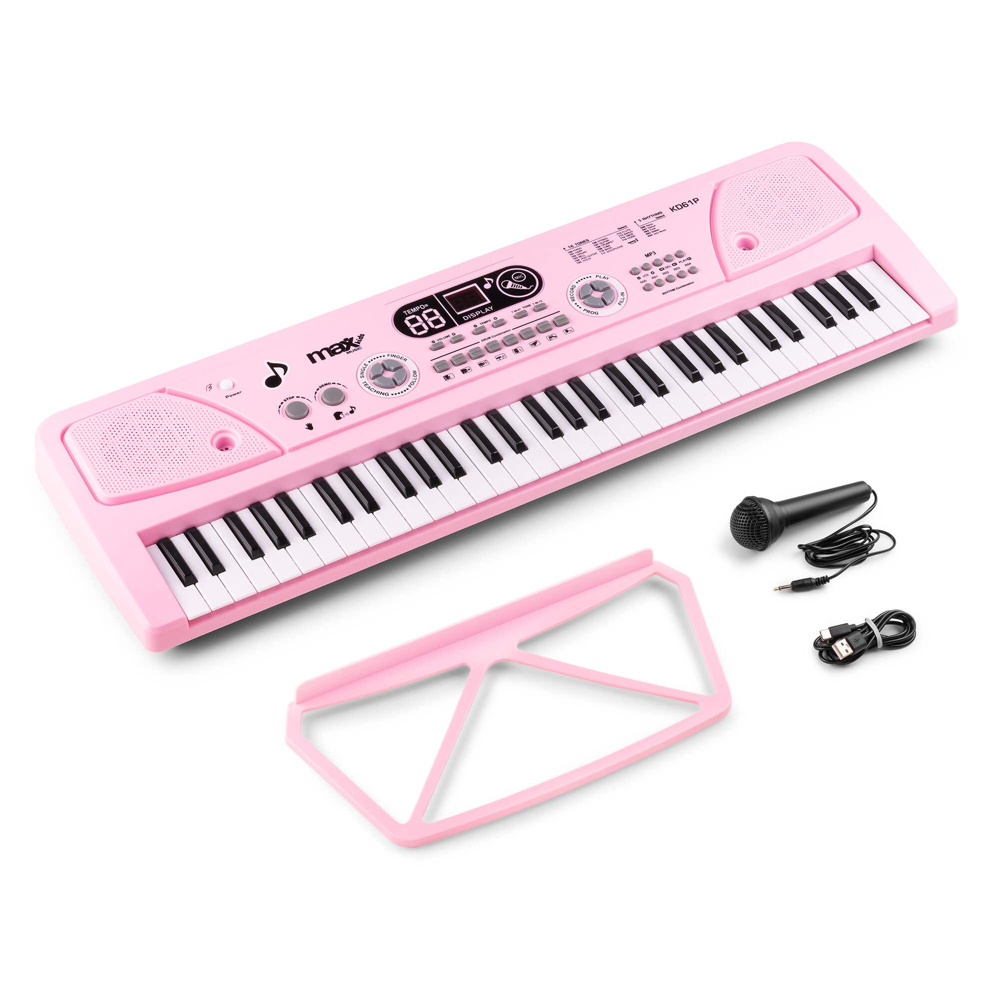Un teclado rosa con teclas blancas y negras, un micrófono, un soporte y cables sobre una superficie blanca.