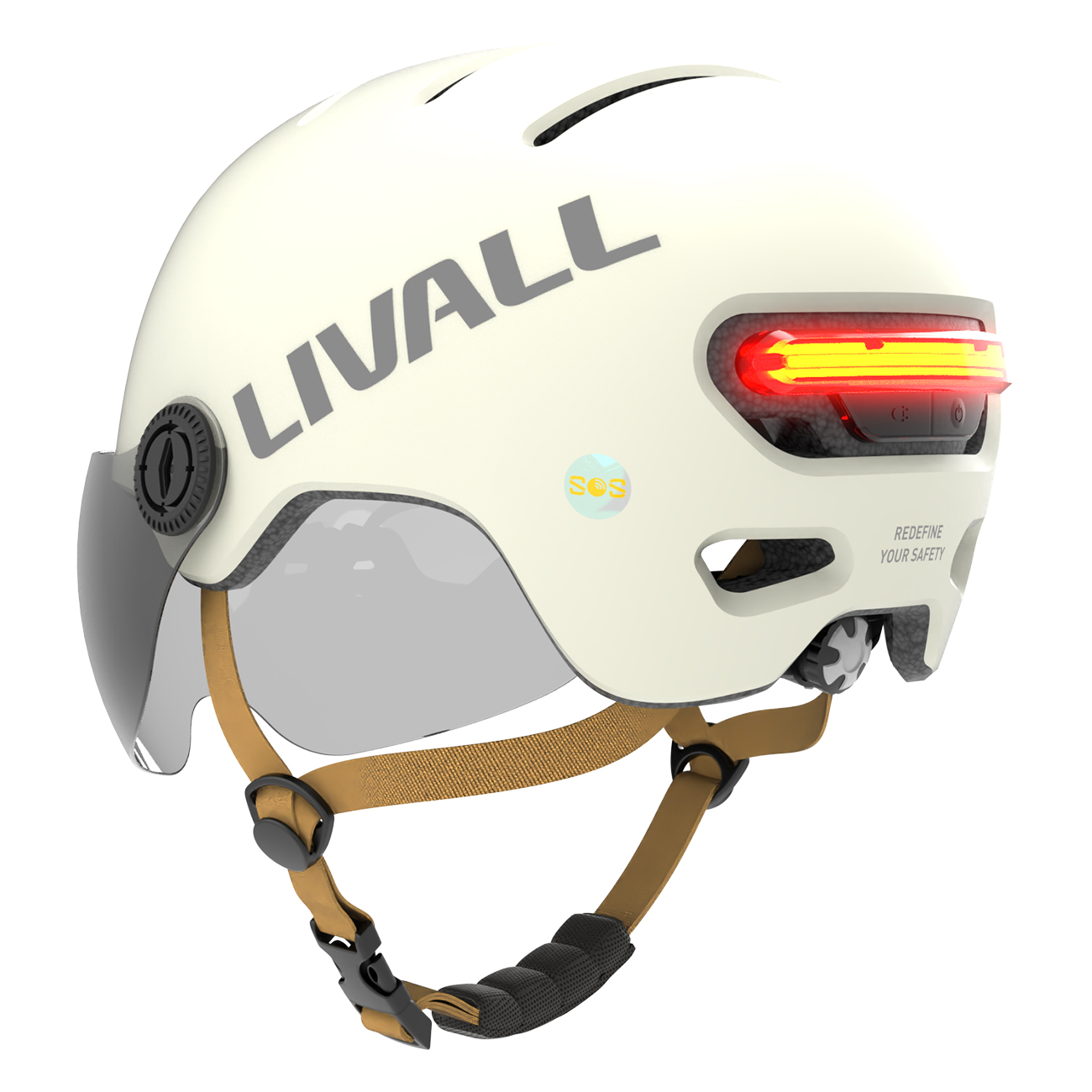 Un casco da bici color crema con visiera, cinghie e luce rossa. Il marchio LIVALL è visibile. Un adesivo SOS è sul lato.